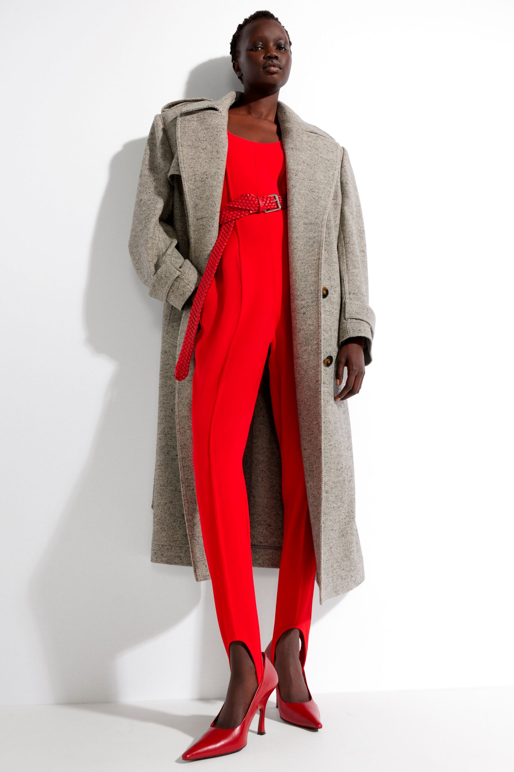 red cotton sleeveless v-neck fitted zippered jumpsuit
