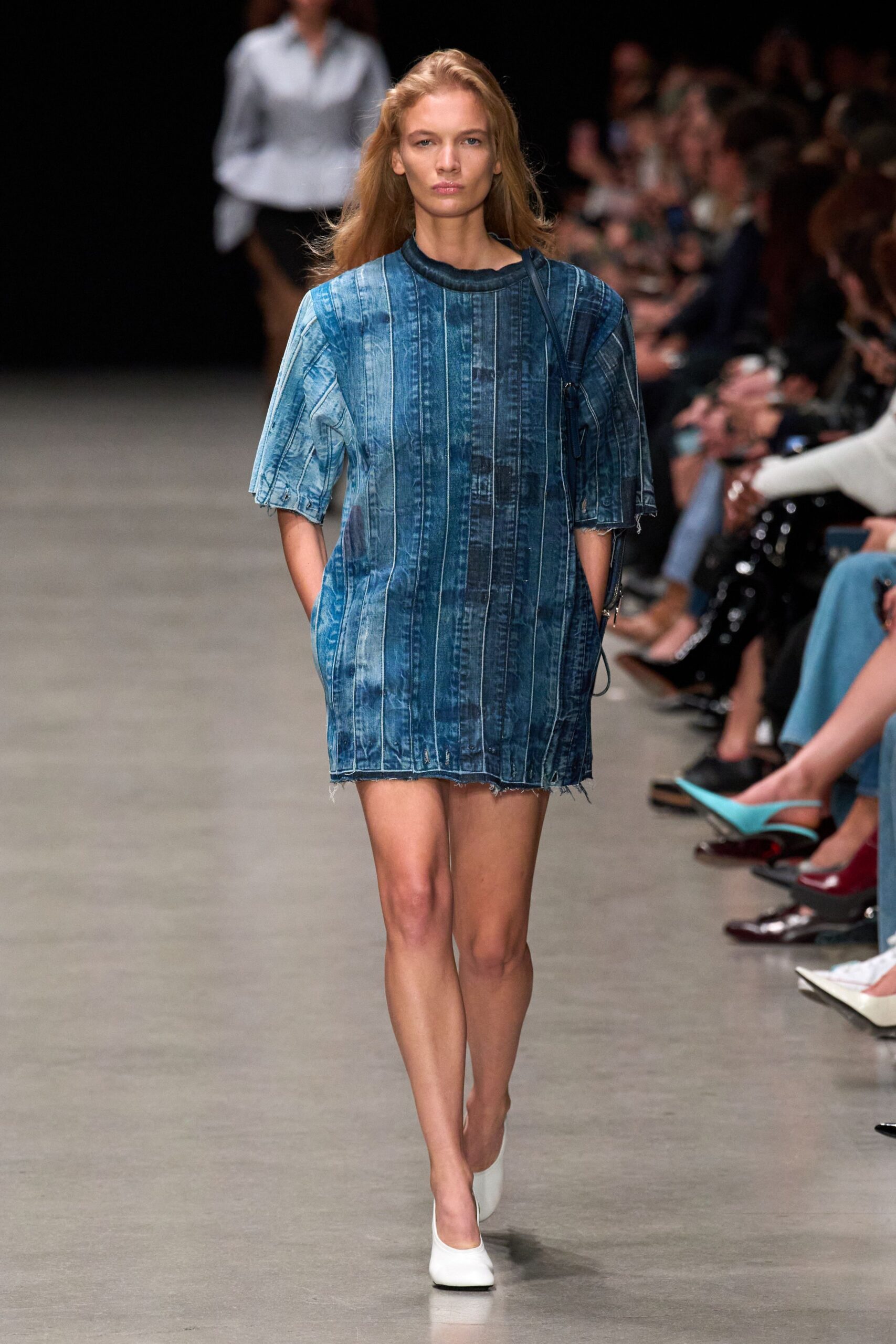 blue denim short-sleeve collared relaxed distressed pockets dress