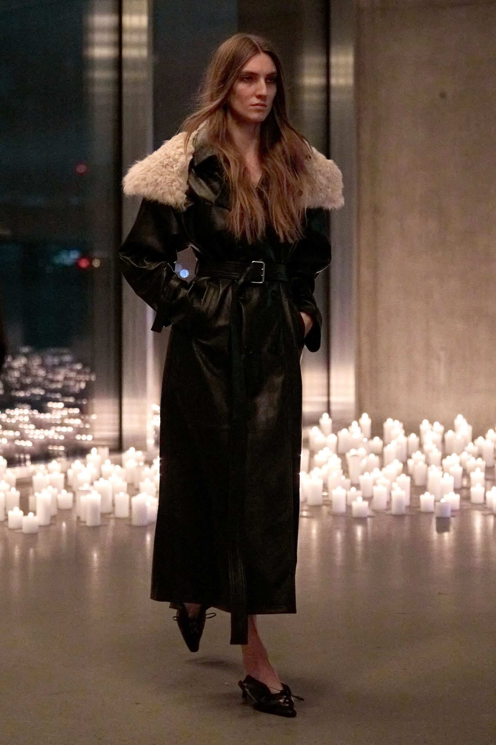 black leather long-sleeve collared fitted belted maxi coat