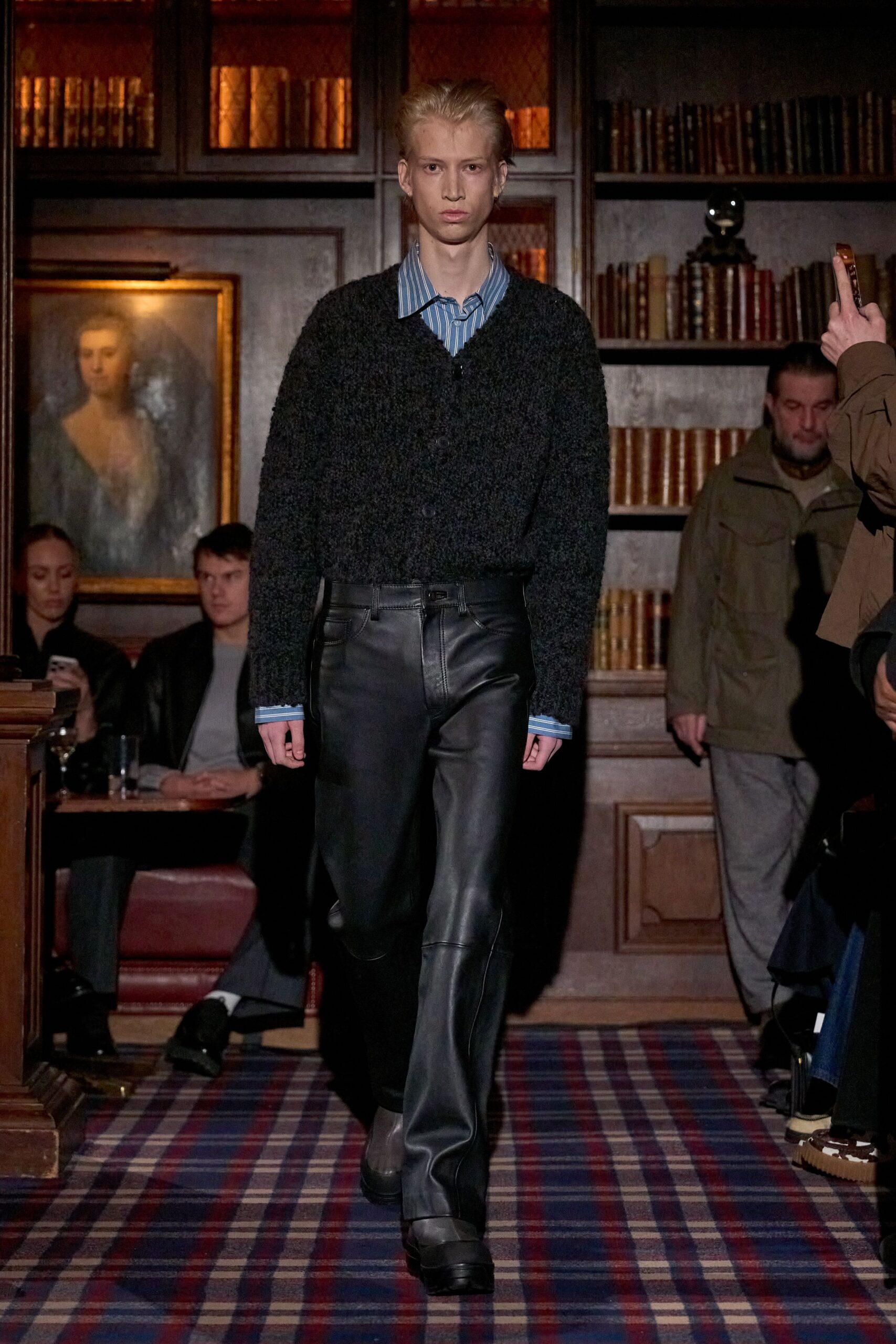 black leather slim straight-leg pants