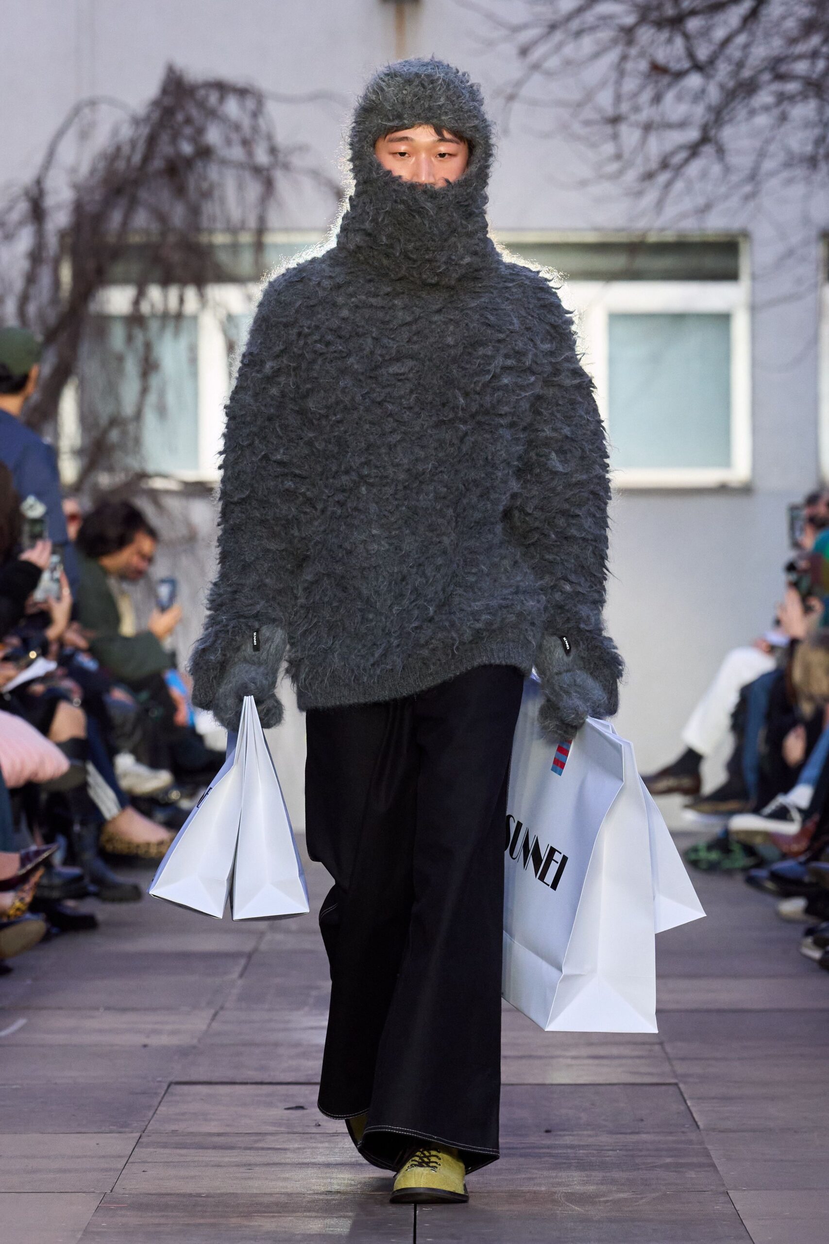 gray wool long-sleeve high-neck oversized textured sweater