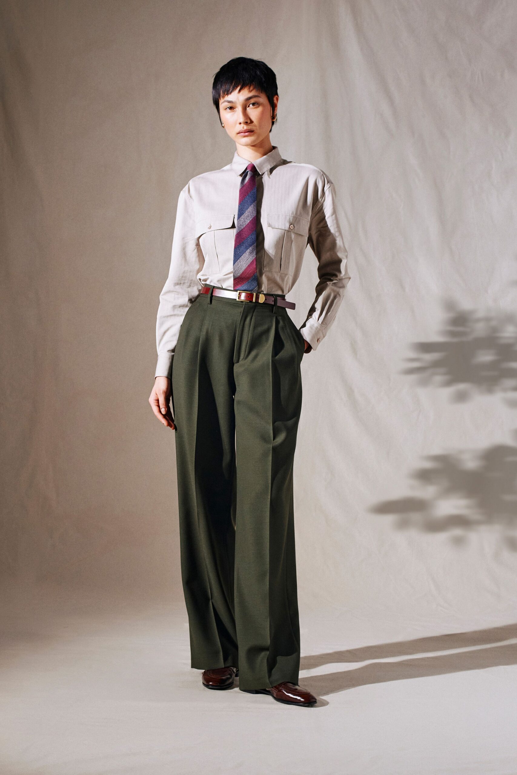 green wool relaxed wide-leg pants