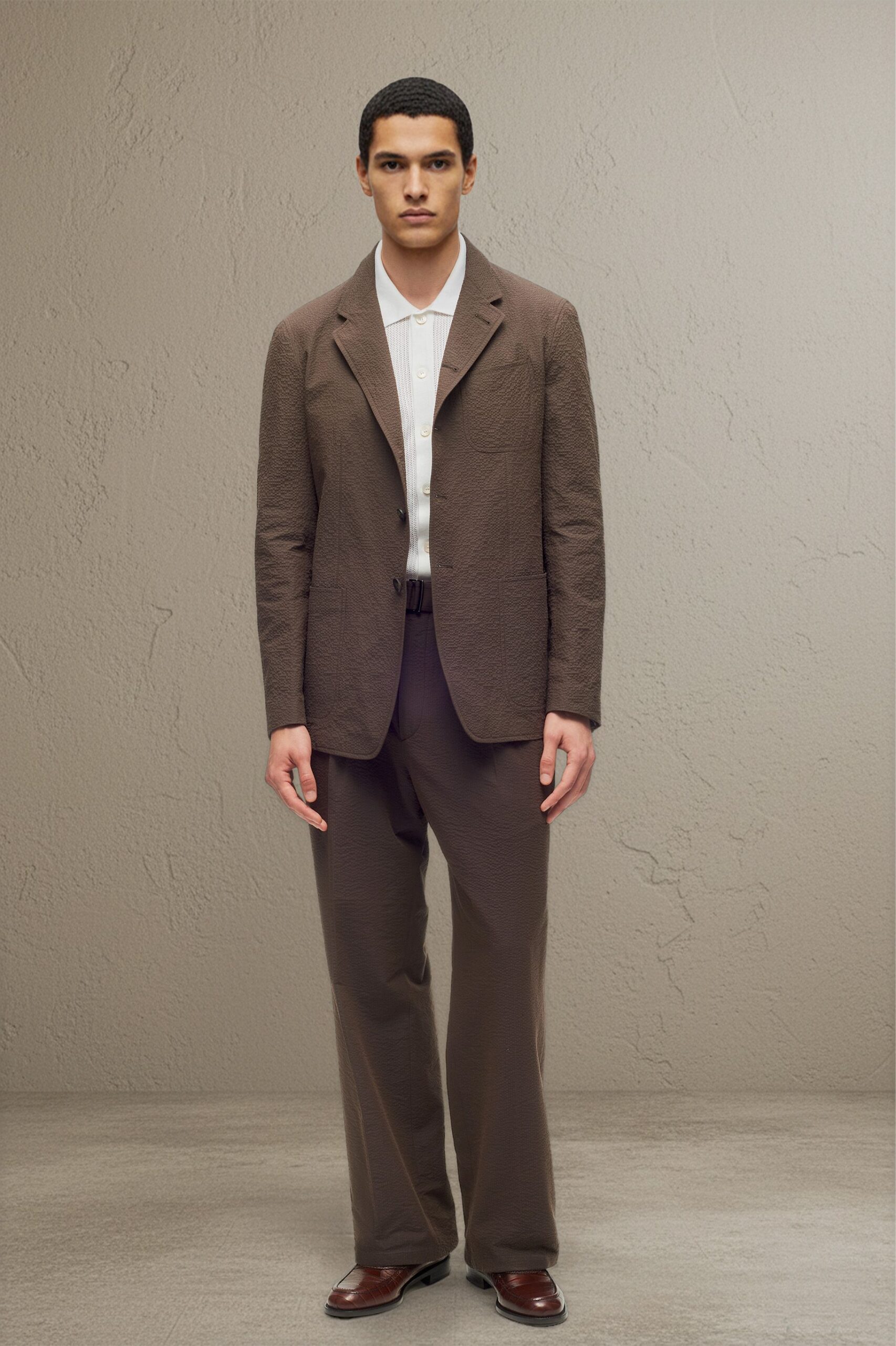 brown cotton long-sleeve collared structured textured blazer