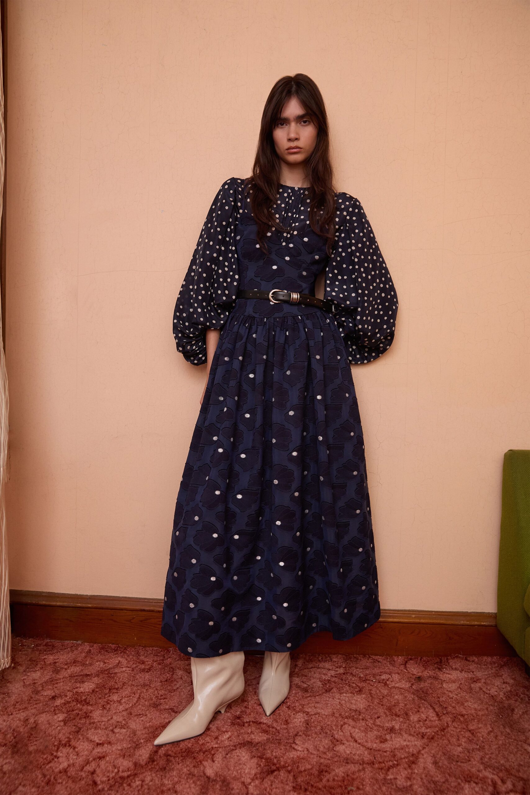 blue polka-dot maxi dress with white boots