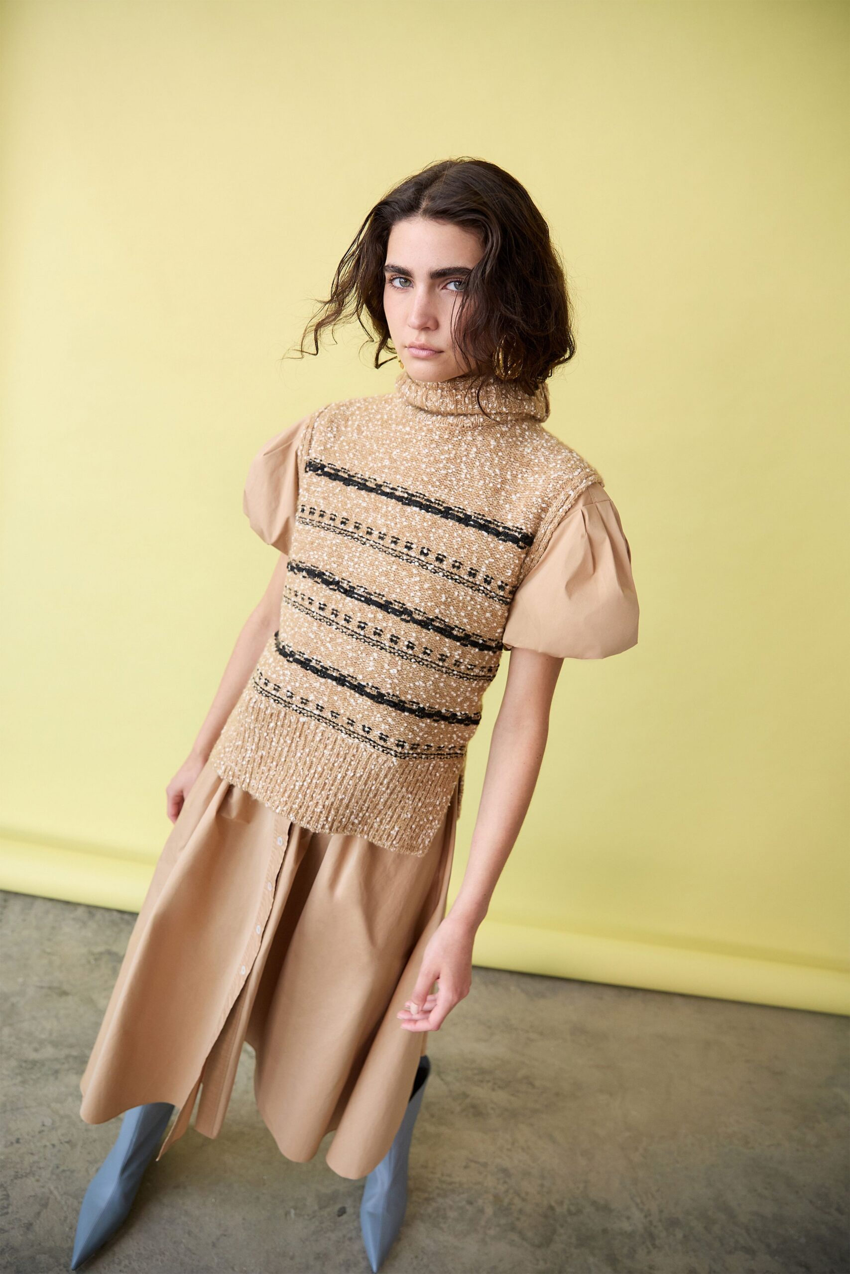 beige cotton collared relaxed buttoned a-line midi dress