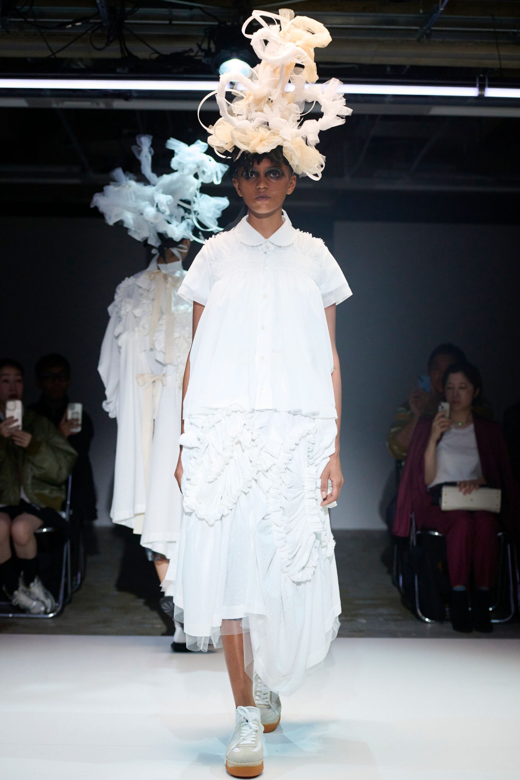 white cotton short-sleeve collared relaxed ruffled layered dress
