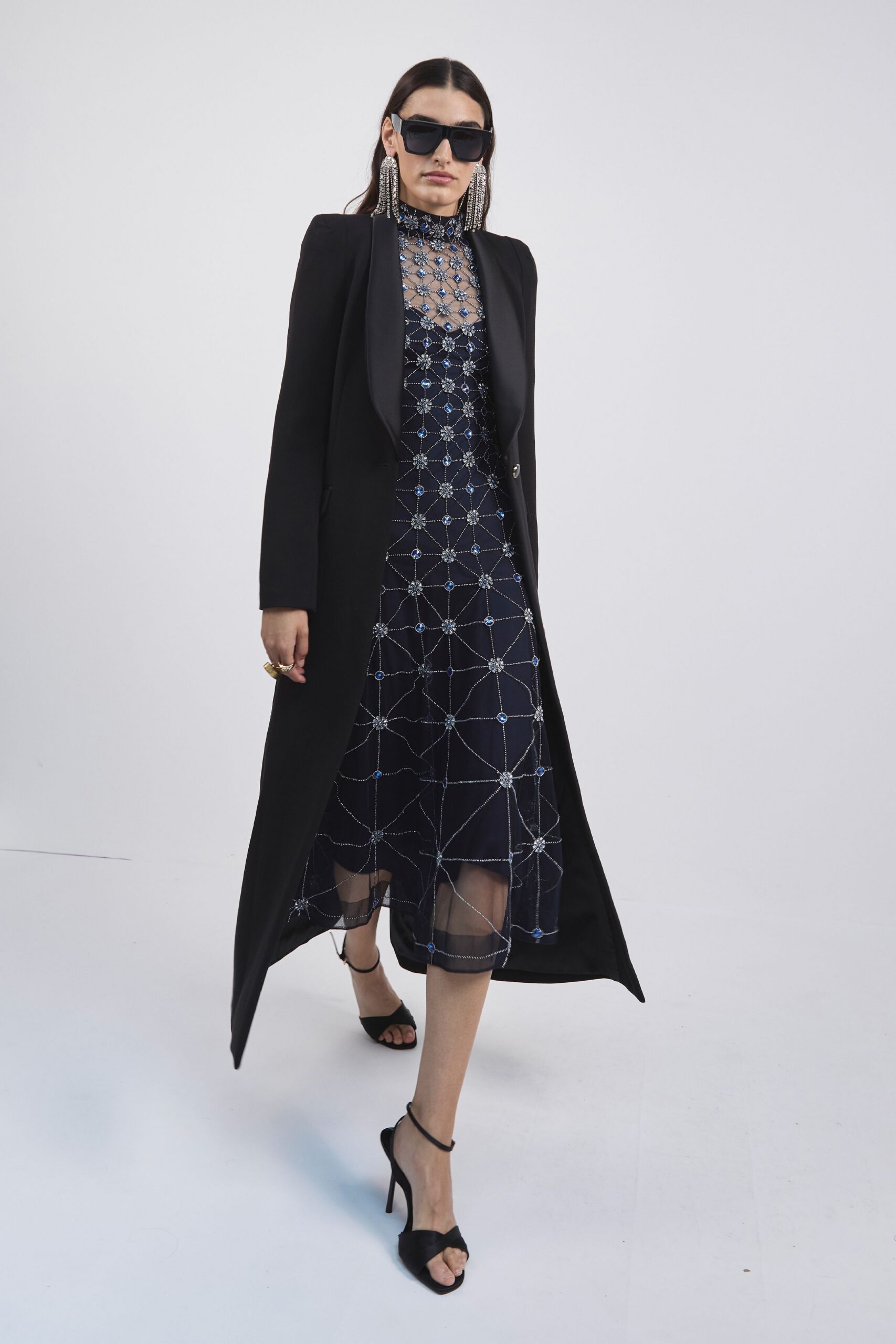 blue silk sleeveless high-neck fitted embroidered tiered dress