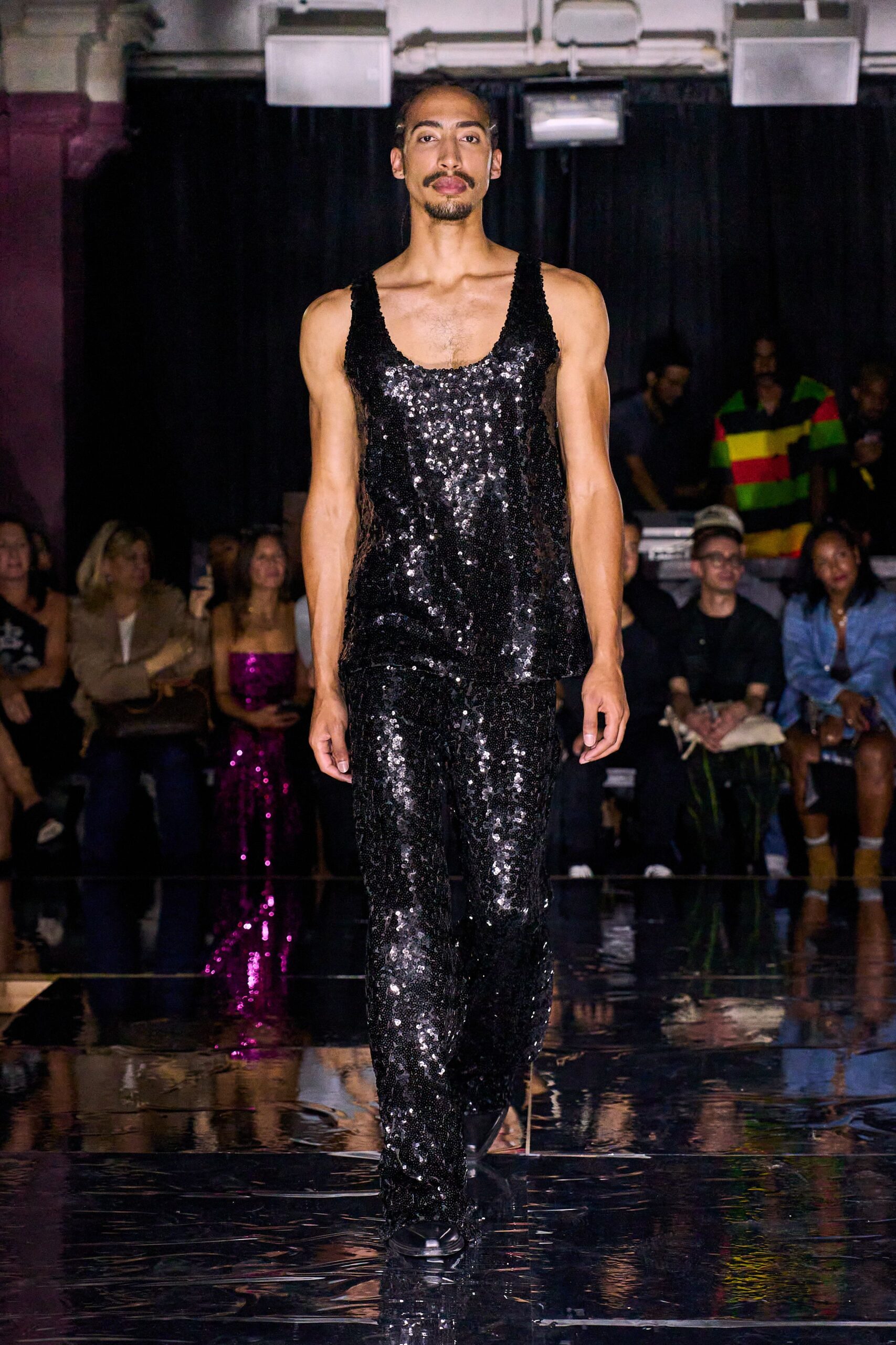 black sequin sleeveless v-neck fitted shiny top