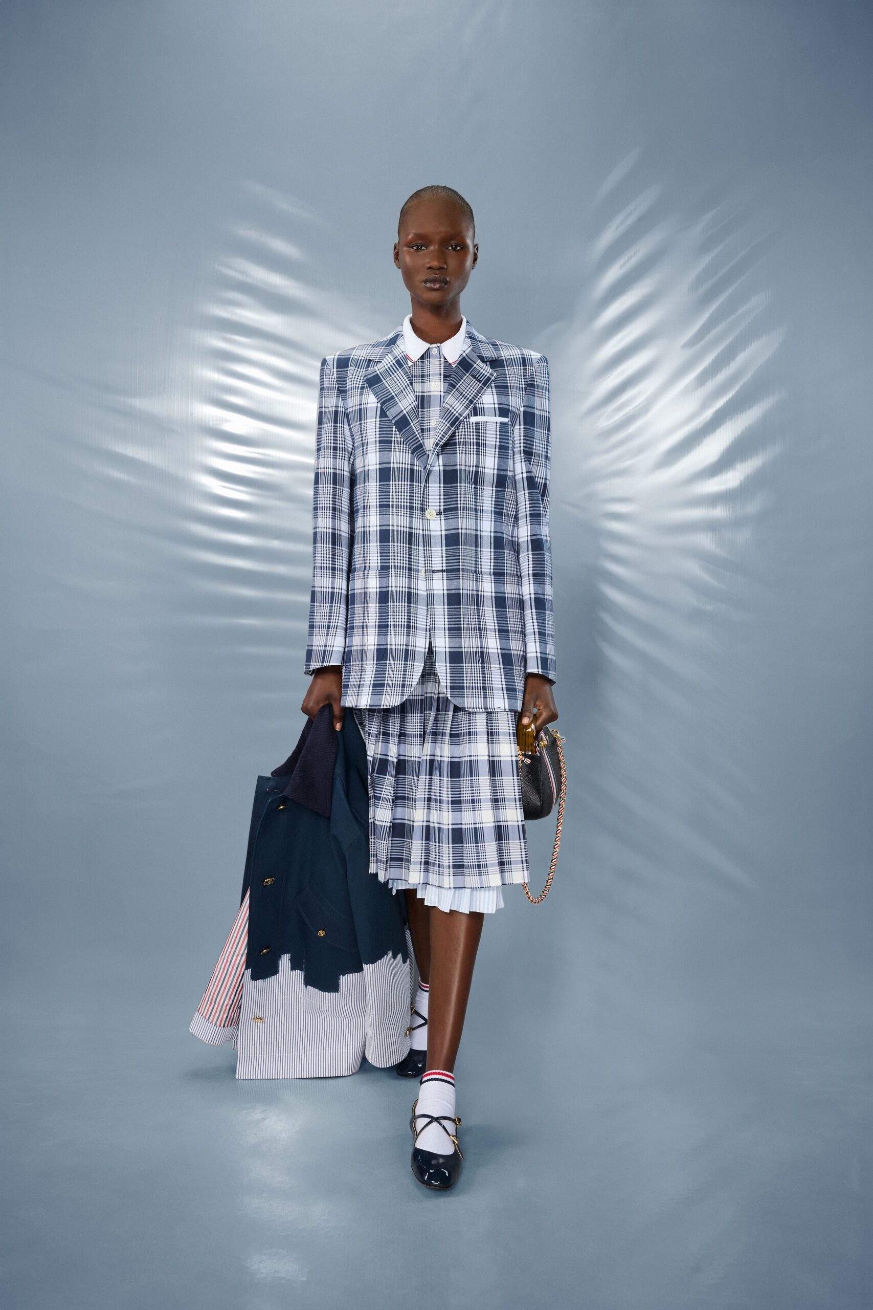 blue and white checked blazer and skirt