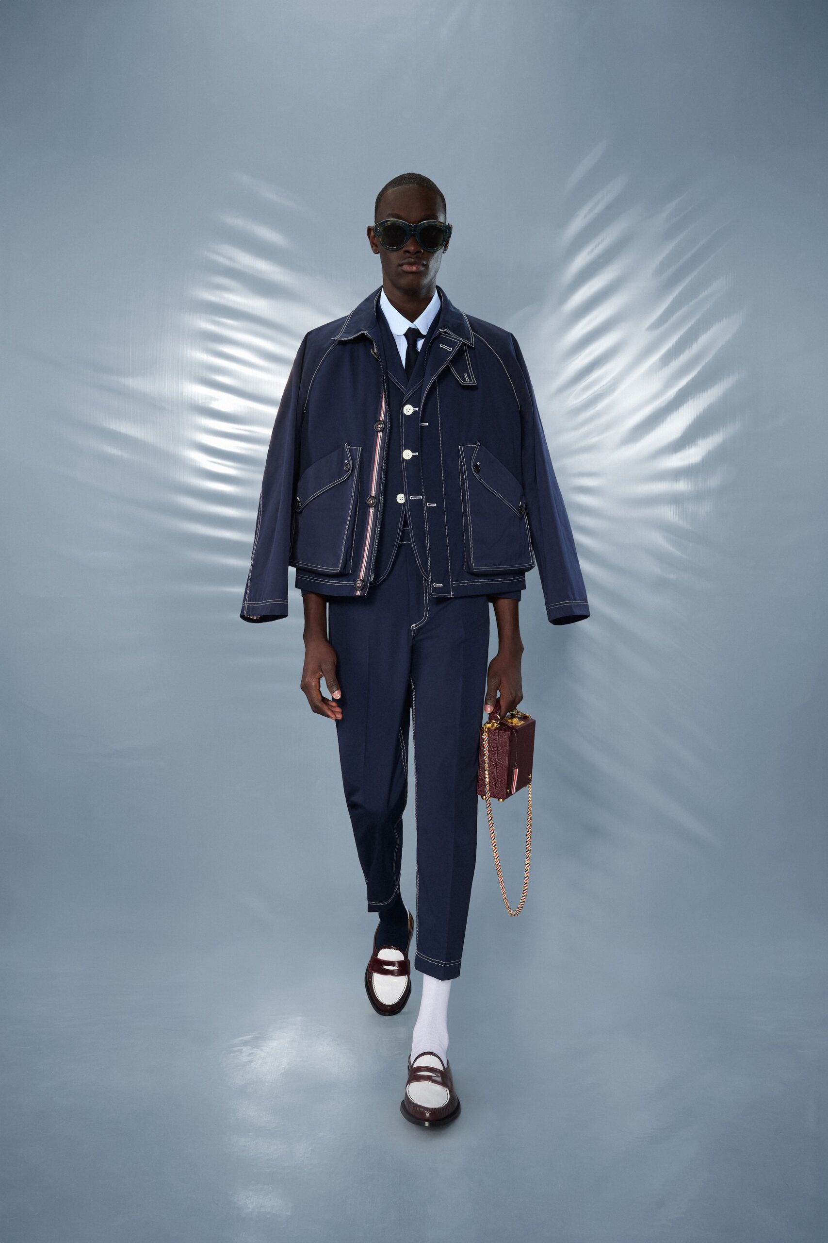 blue denim long-sleeve collared structured zippered jacket