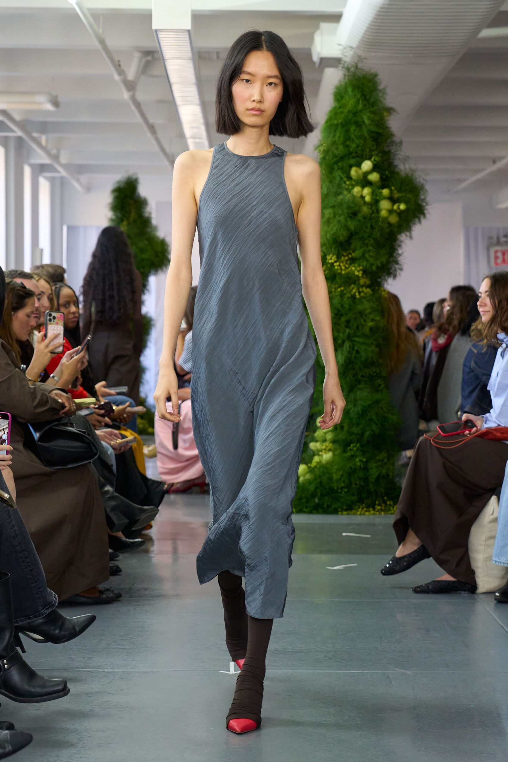 gray silk sleeveless high-neck relaxed draped flowing dress