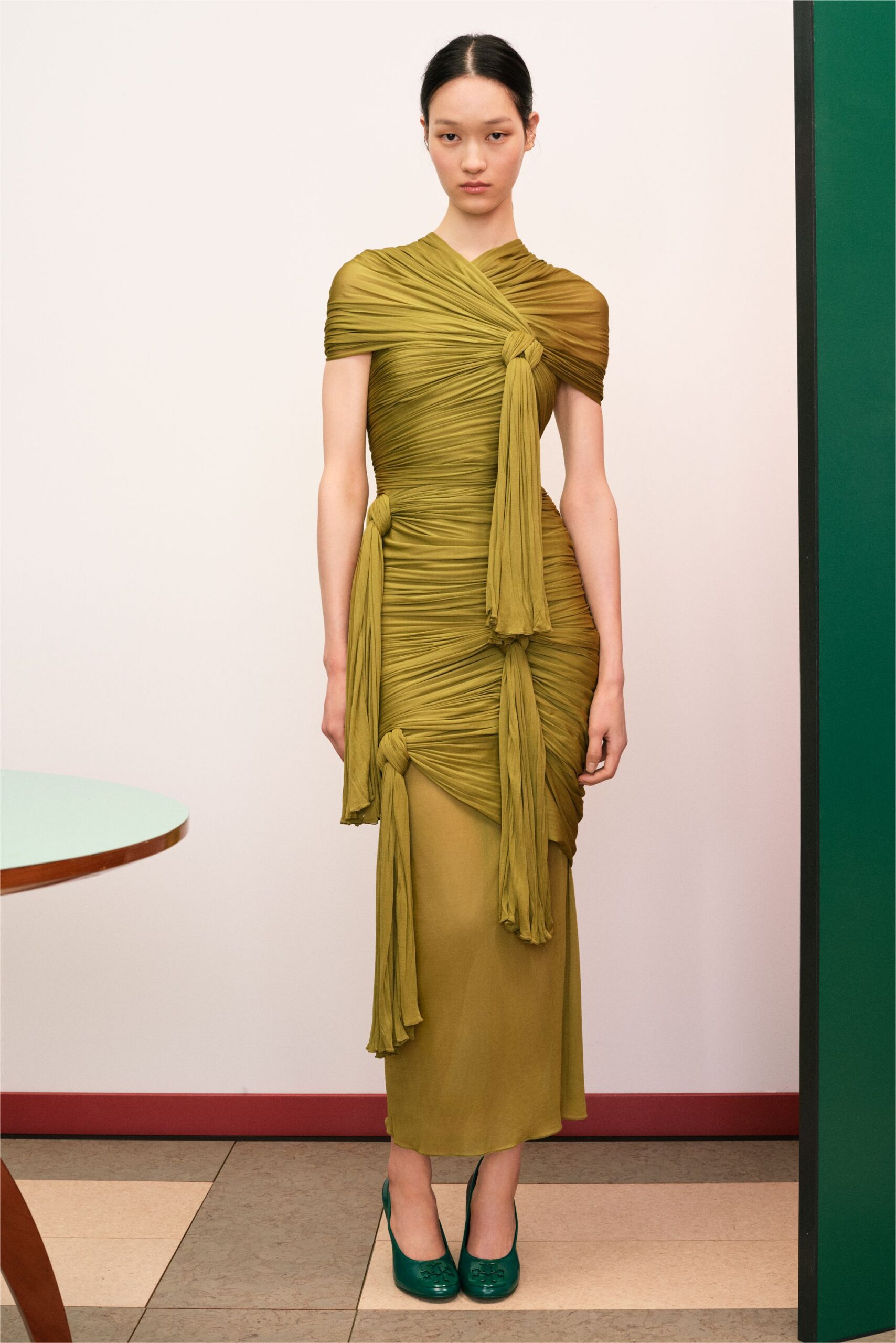 green silk short-sleeve v-neck fitted ruched tiered dress