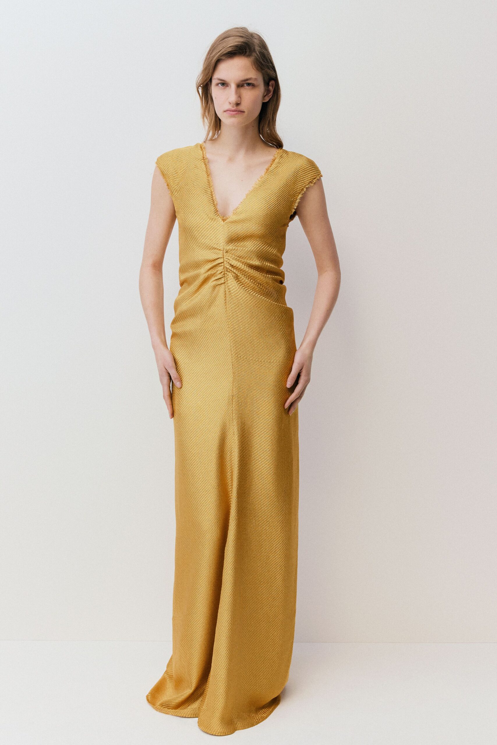 fitted yellow silk gown