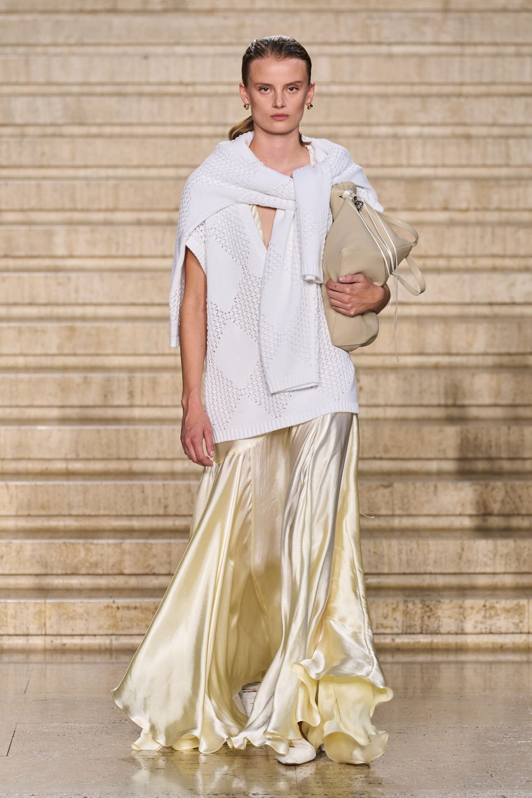 yellow silk fitted flowing maxi skirt