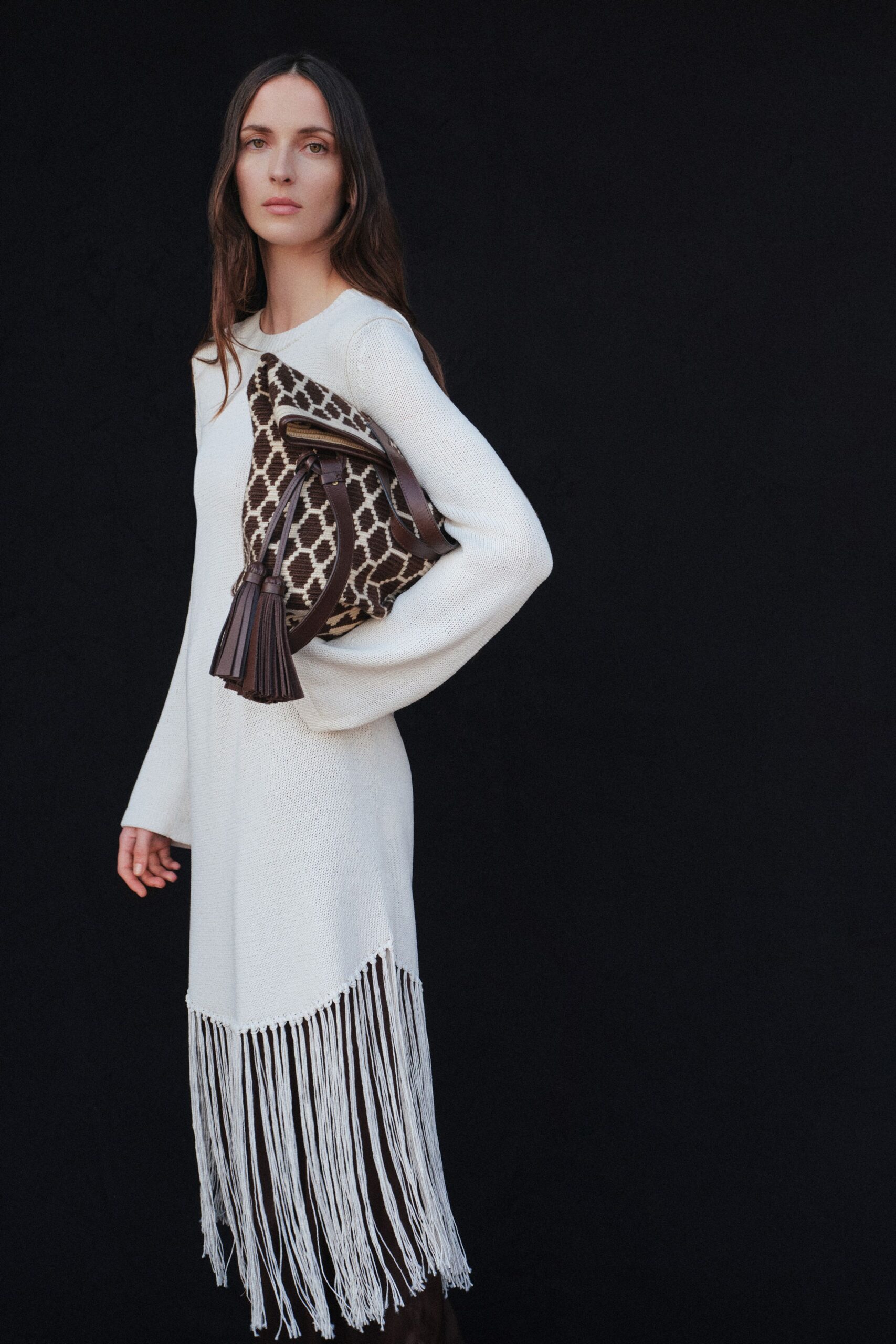 white fringed midi dress with bag