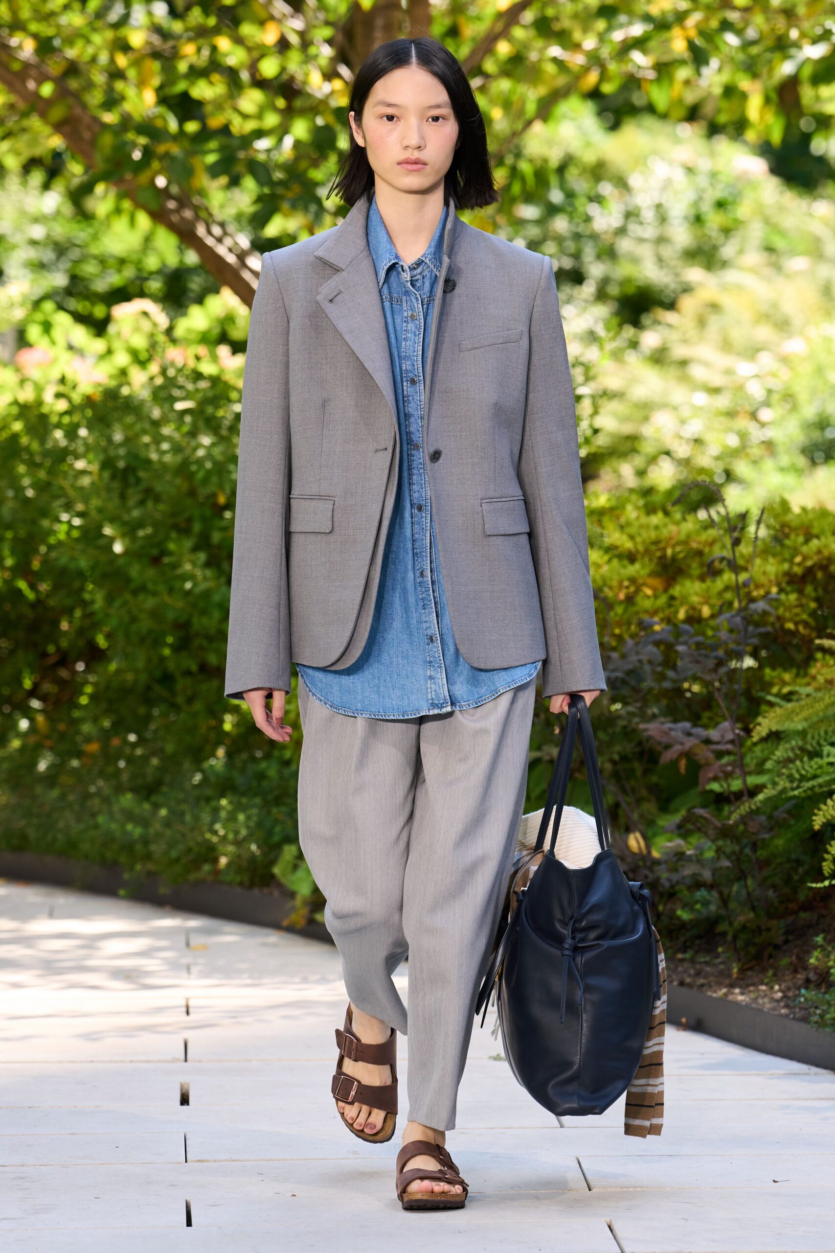 gray blazer blue denim shirt