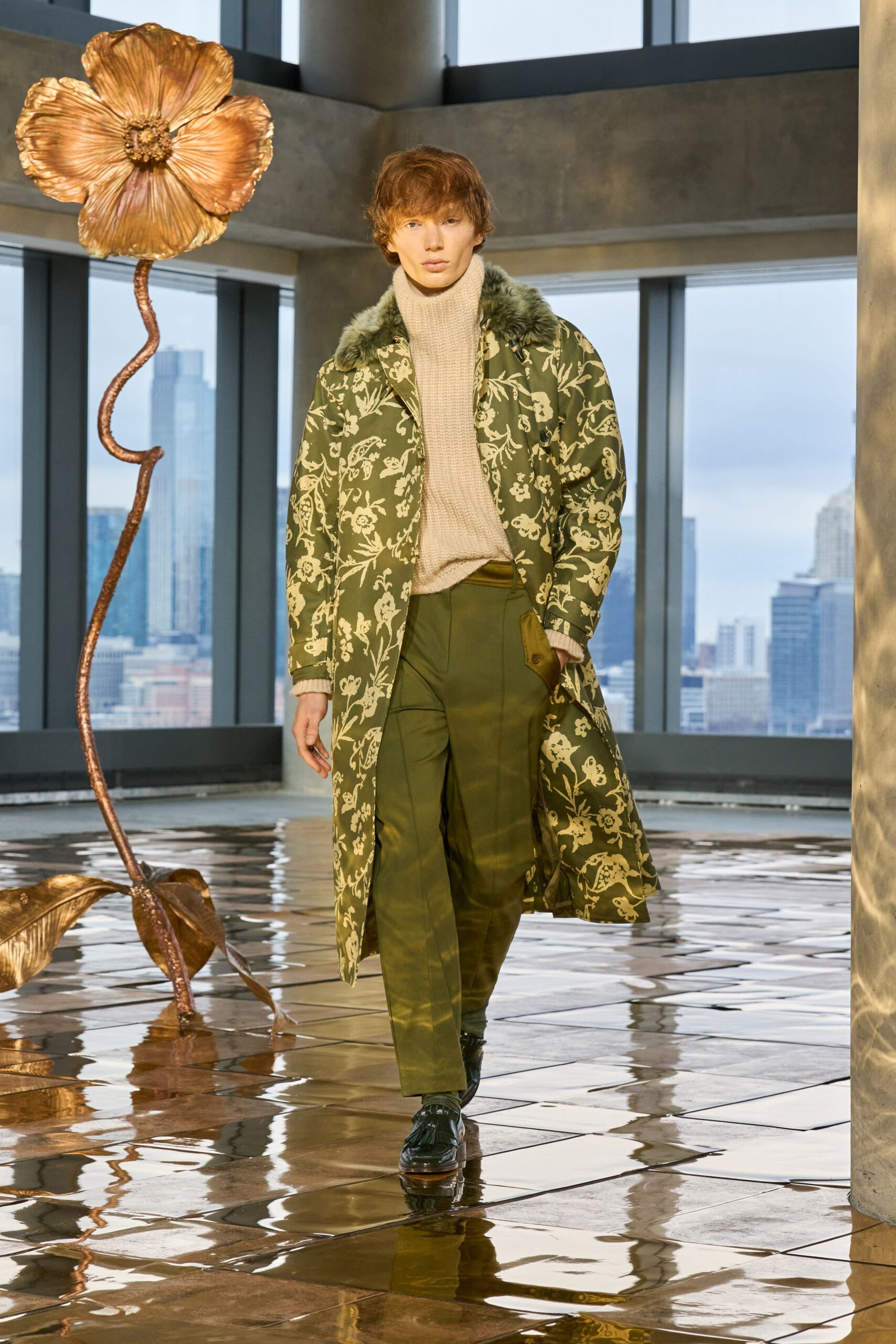 green cotton long-sleeve collared relaxed floral buttoned coat