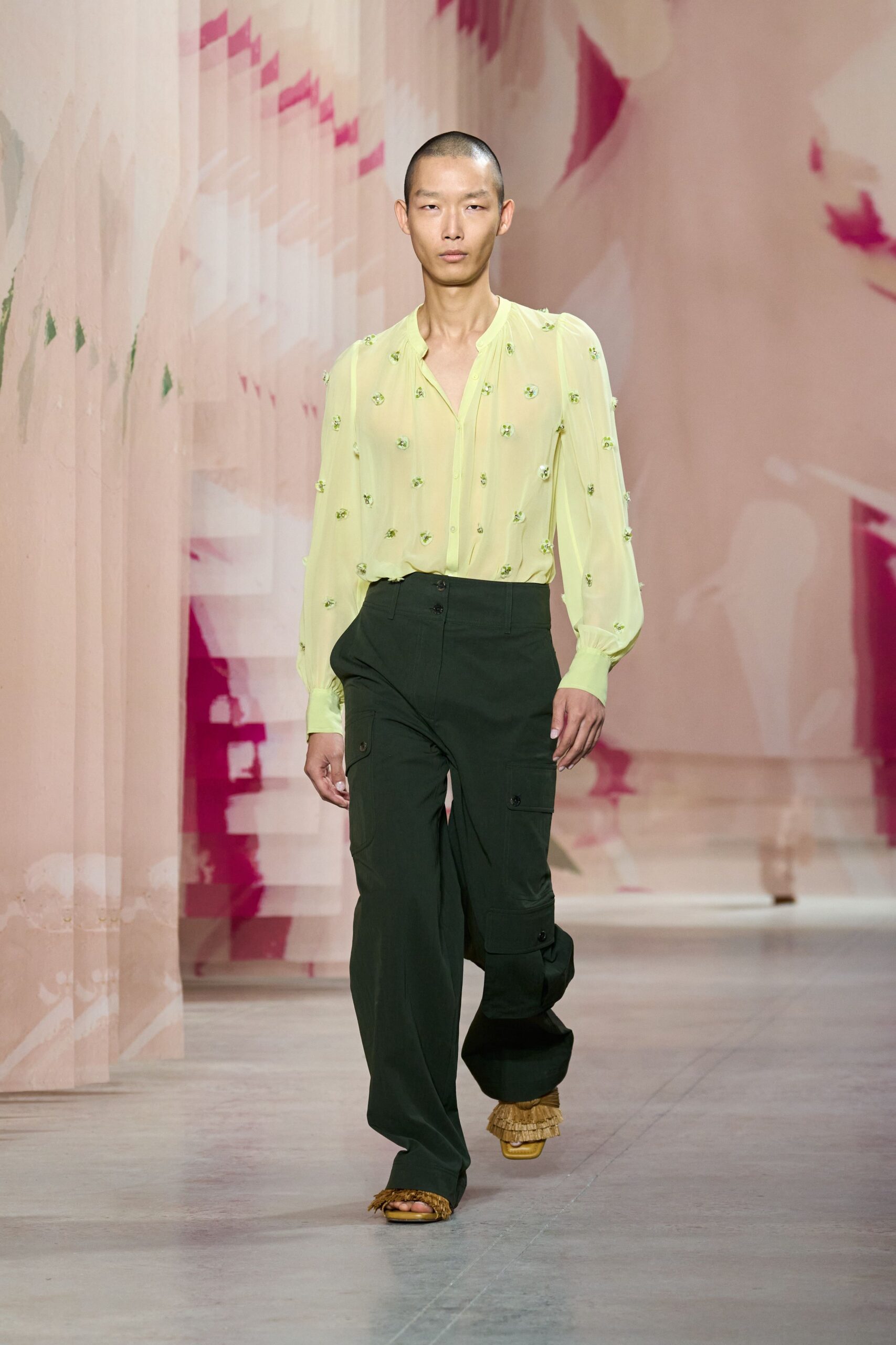yellow silk long-sleeve collared relaxed embroidered shirt
