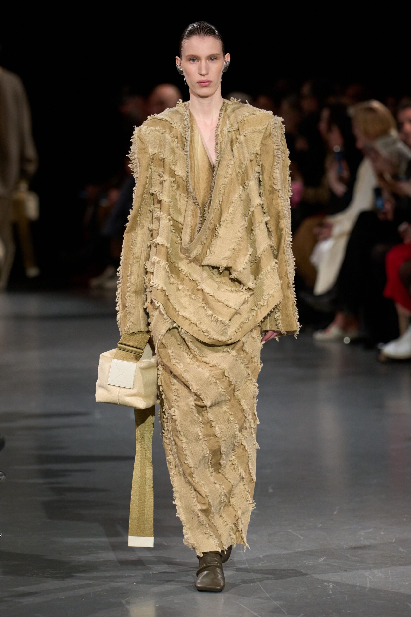 beige cotton long-sleeve v-neck relaxed fringed maxi dress