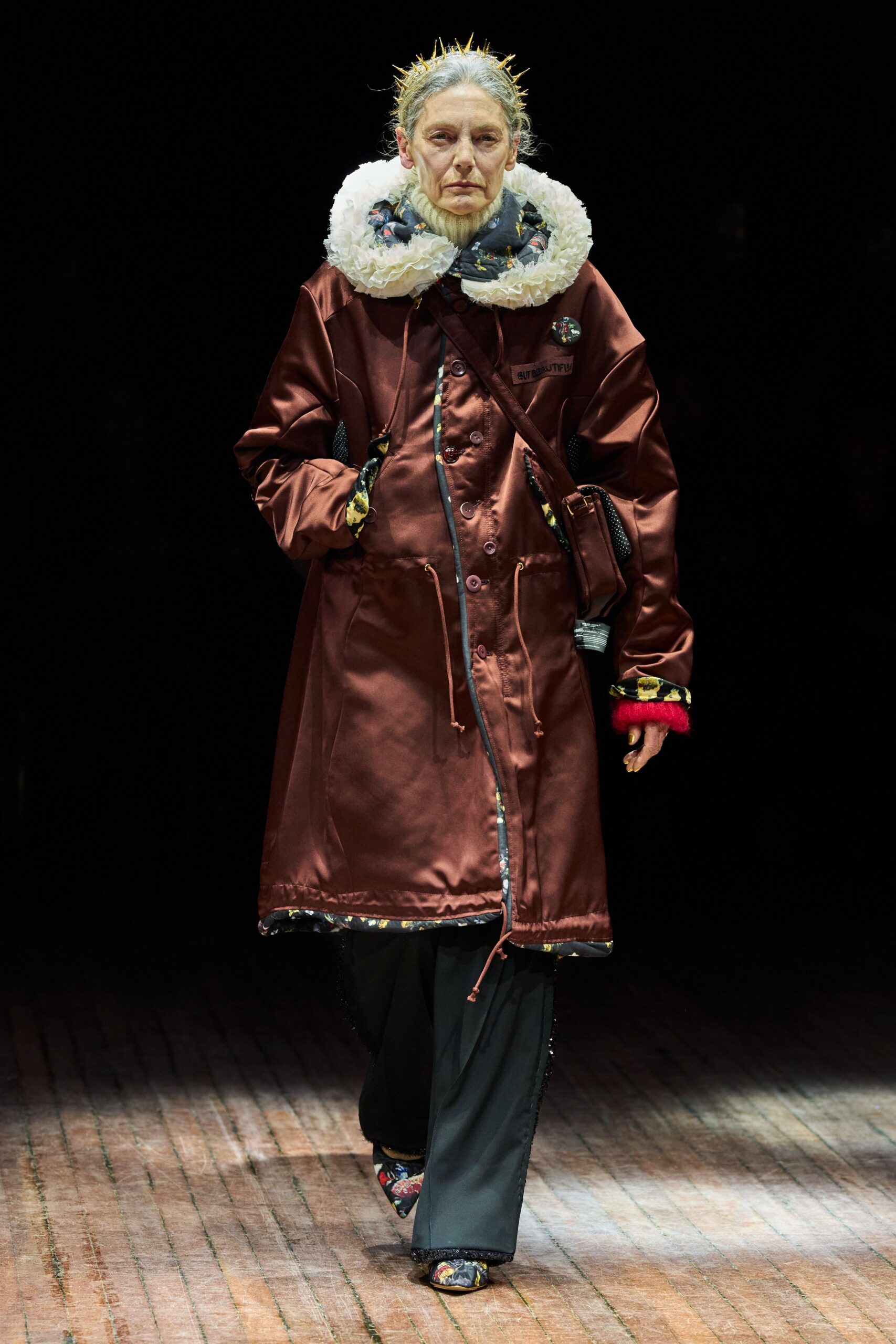 brown silk long-sleeve collared relaxed buttoned layered coat