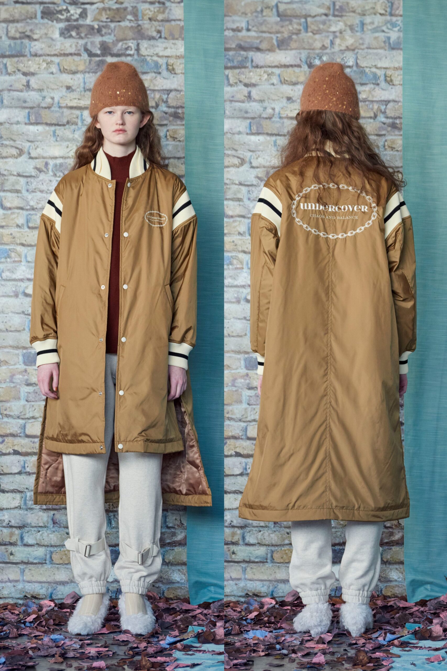 brown coat with red sweater