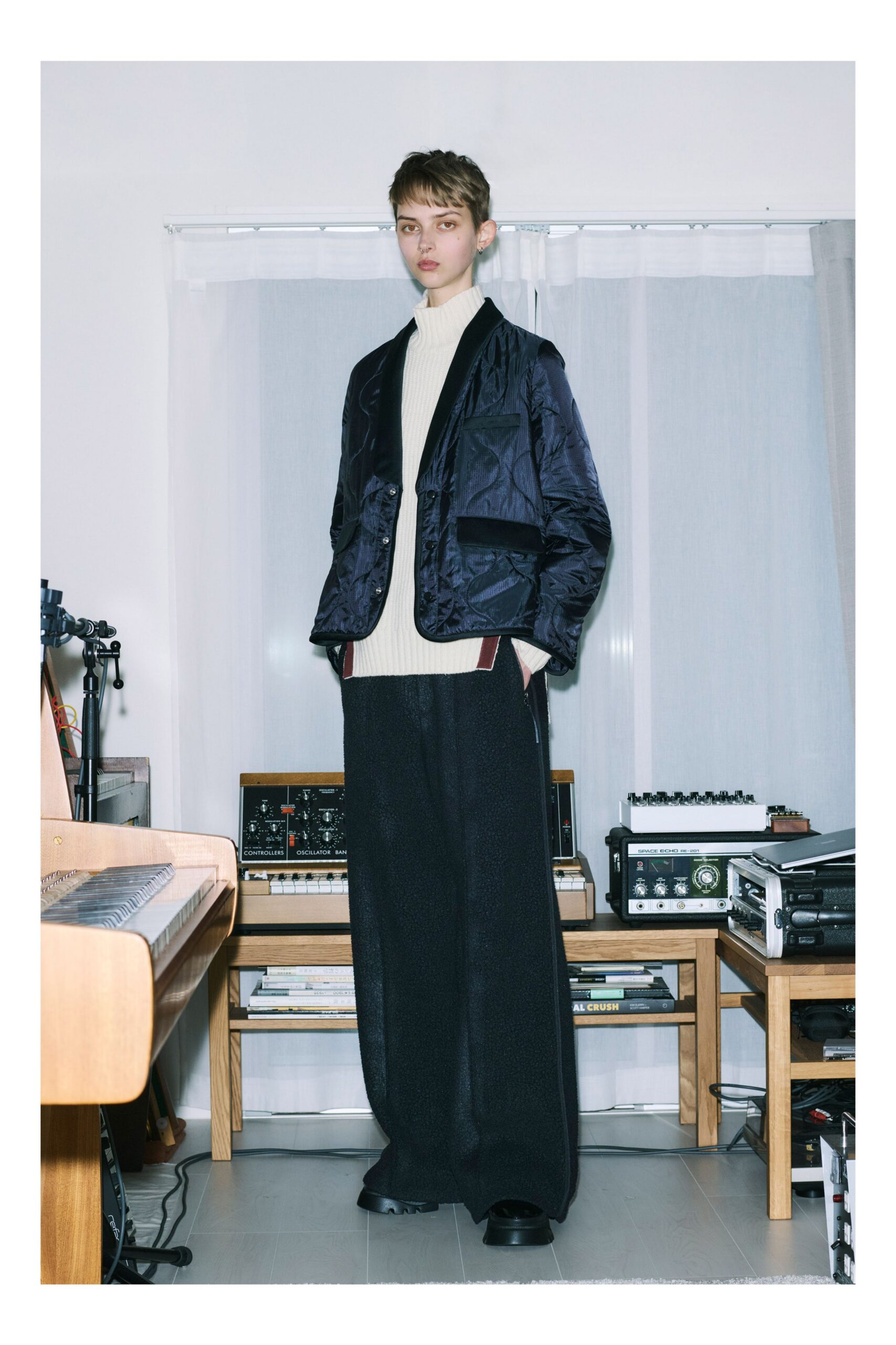 black satin jacket white turtleneck