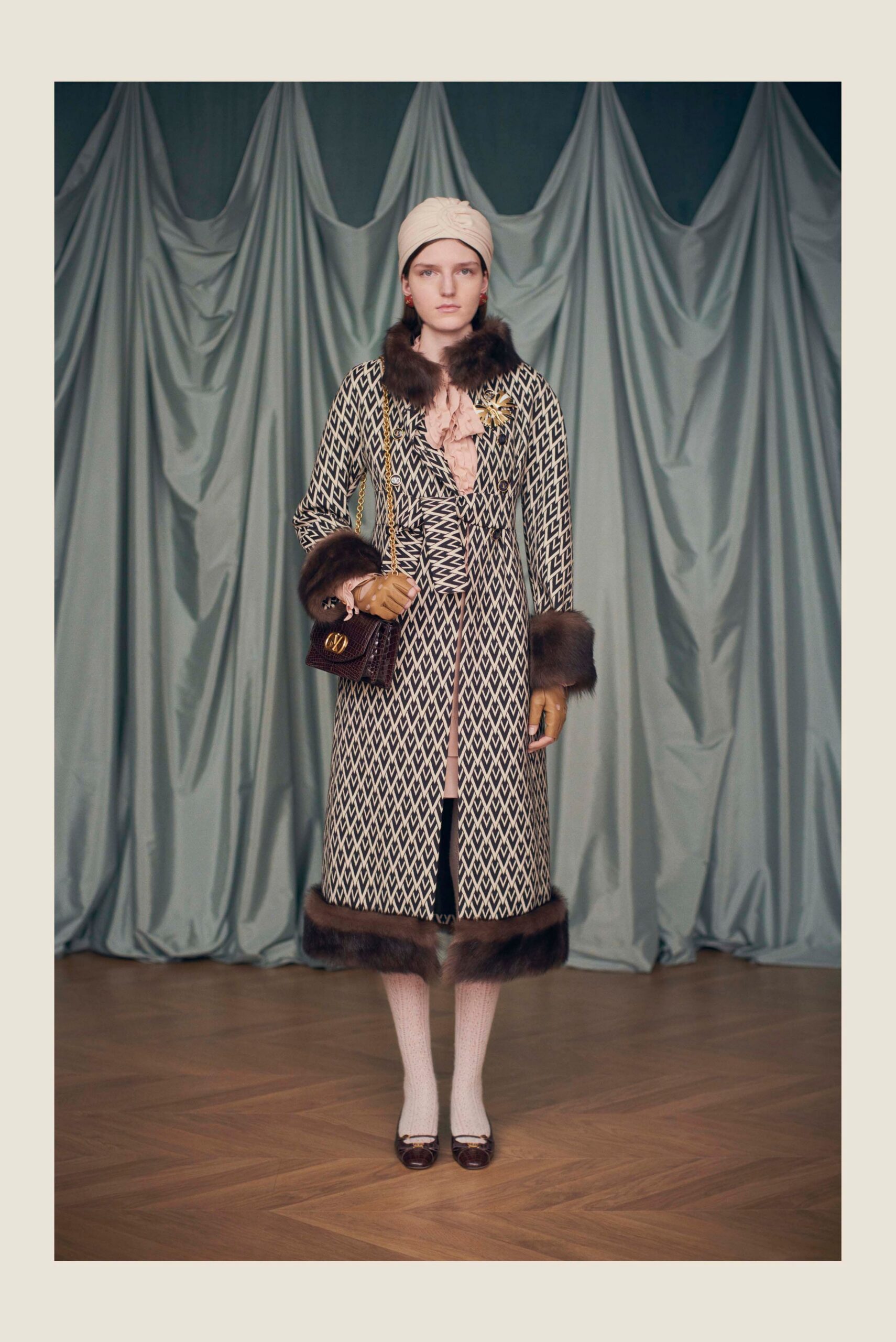 beige wool long-sleeve collared fitted embroidered belted coat