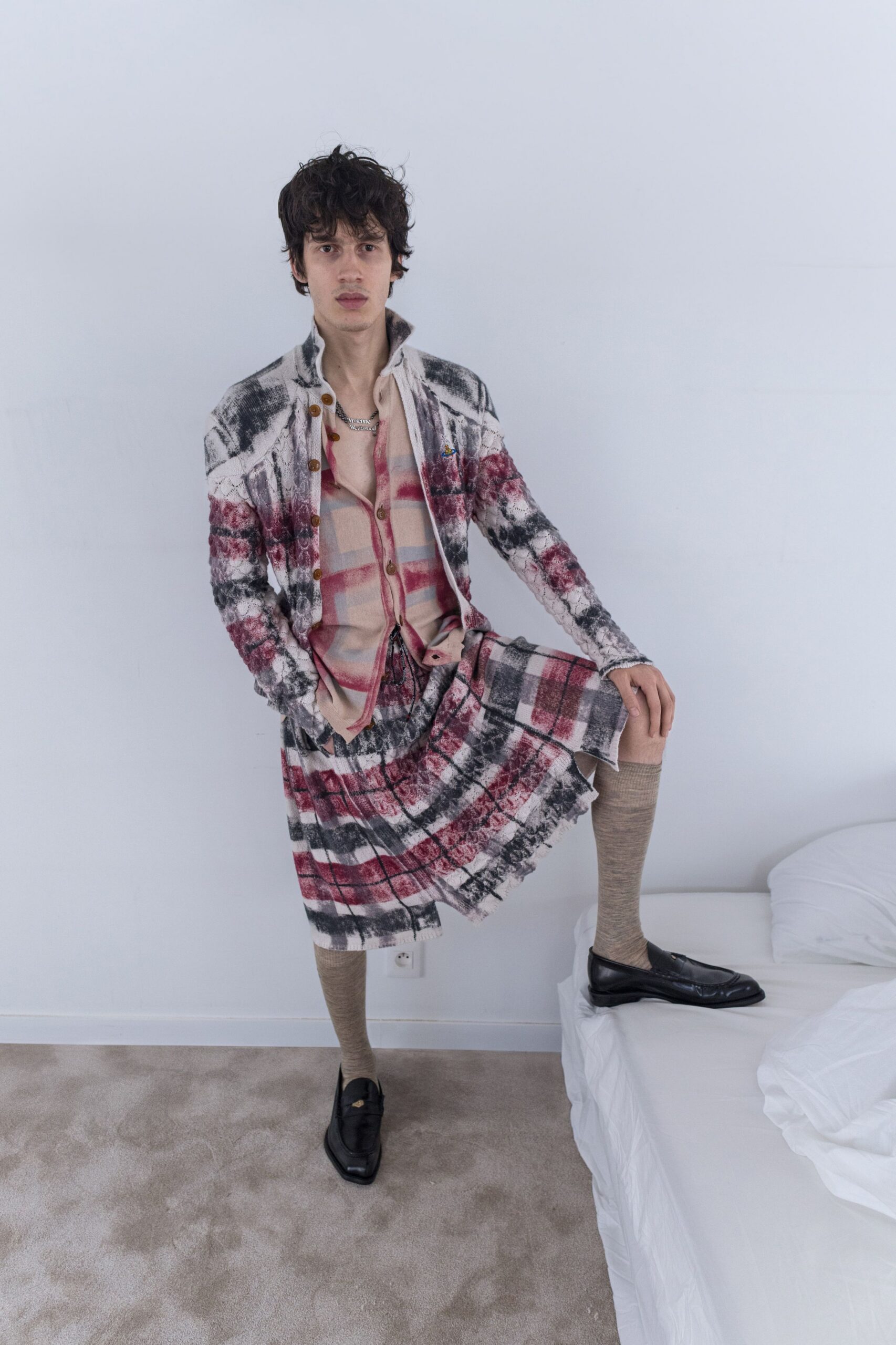 relaxed jacket with checked skirt
