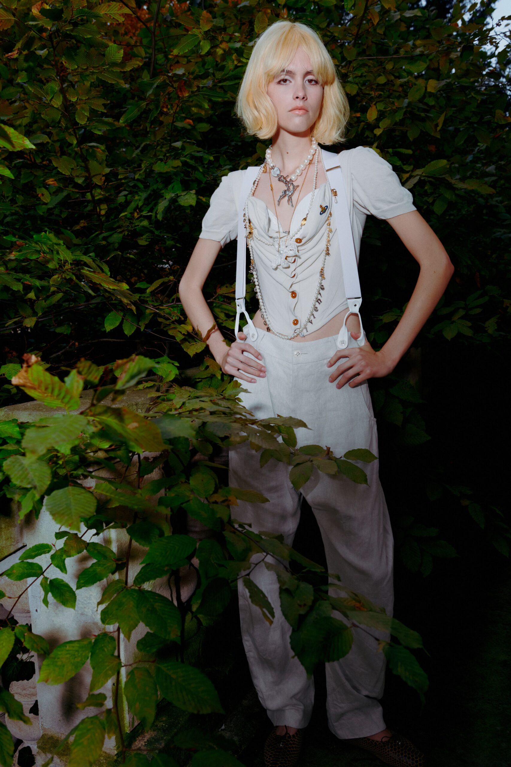 white fitted top beige relaxed pants
