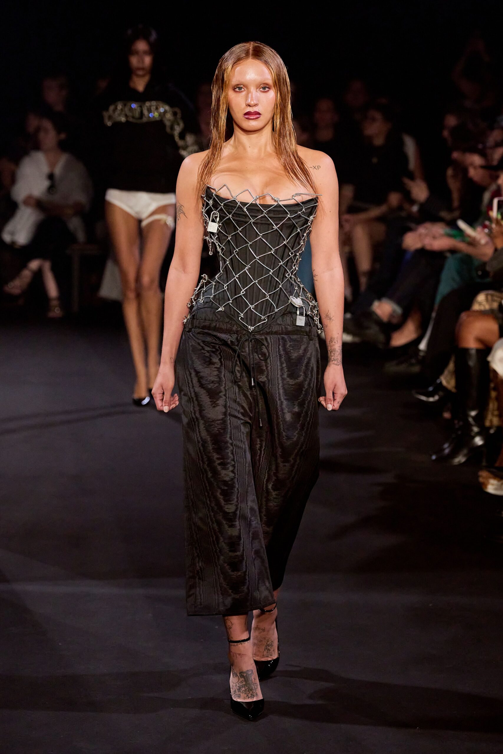 black silk sleeveless v-neck fitted embroidered corset