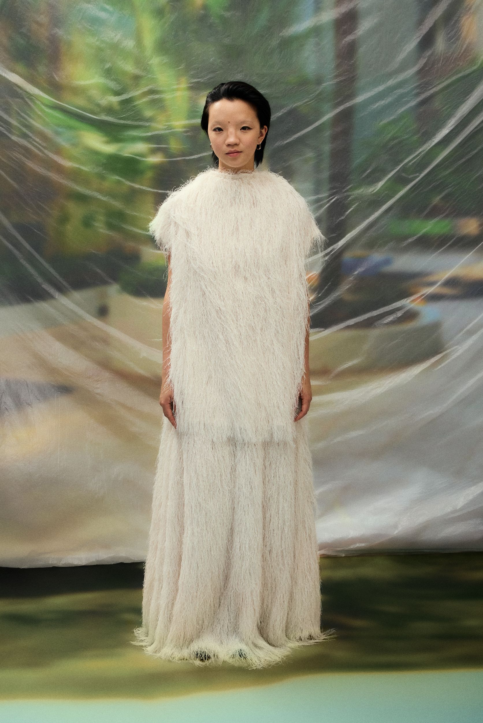 white fringed silk gown