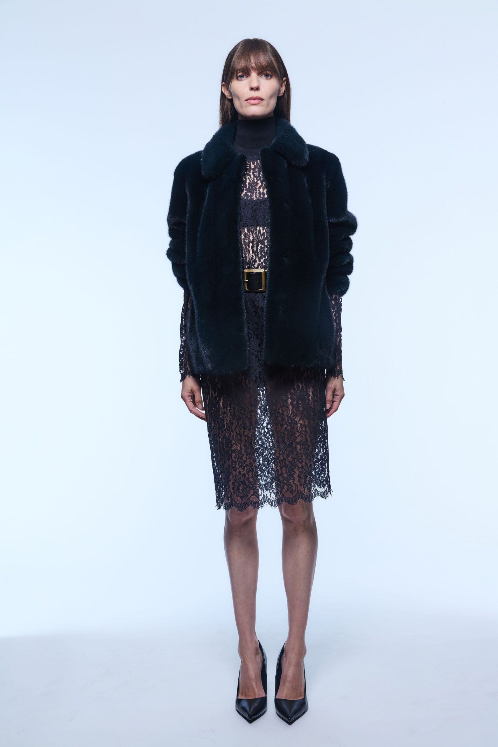 black faux-fur long-sleeve relaxed coat