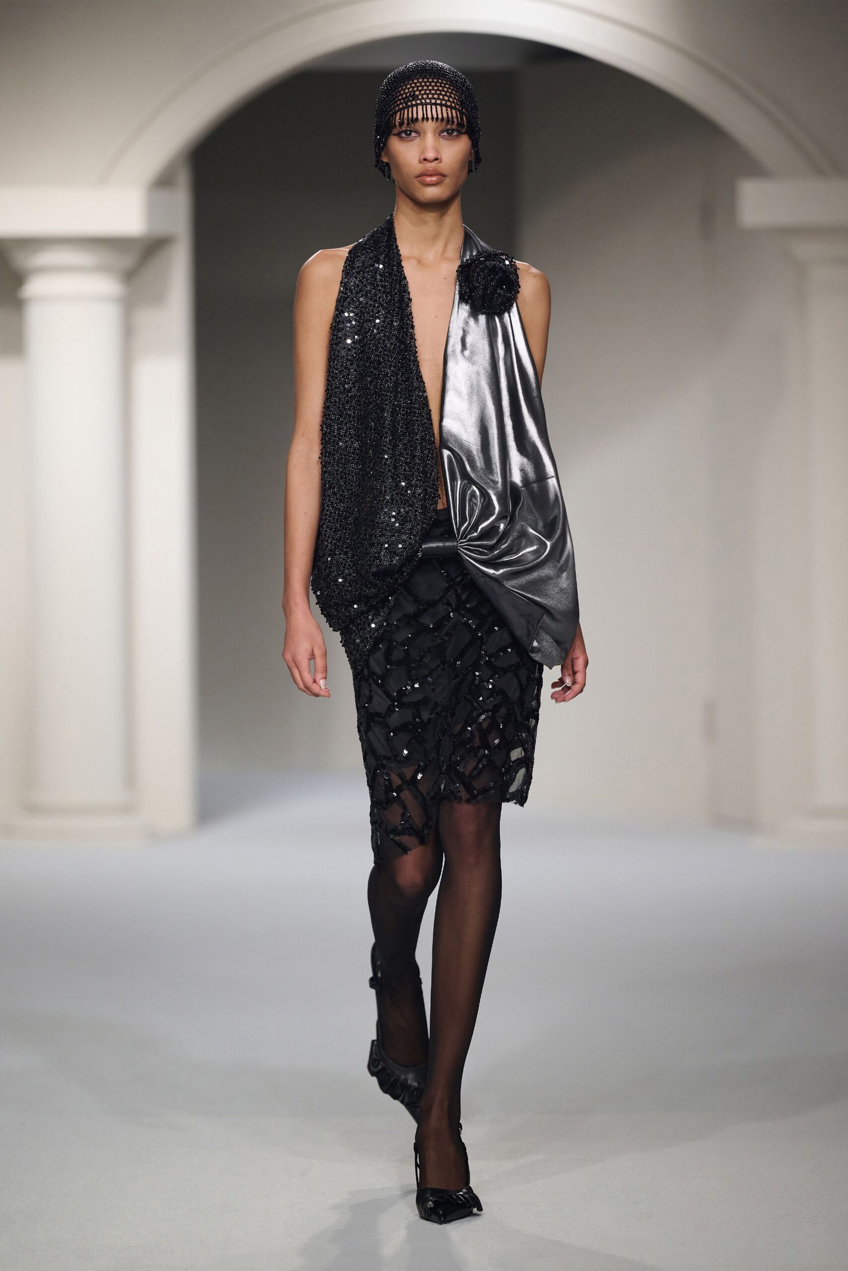 black sequin sleeveless v-neck fitted draped embellished top