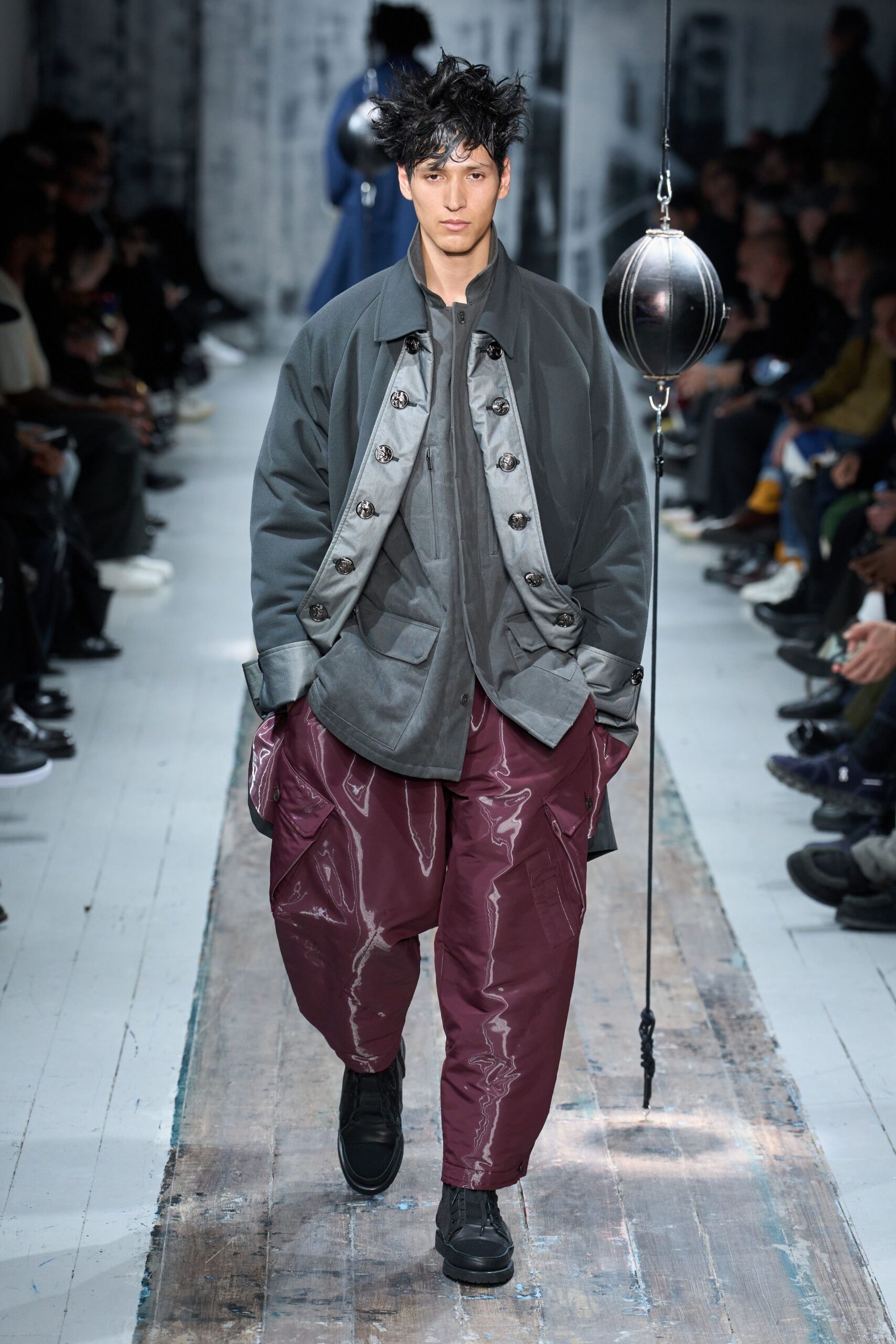 maroon vinyl relaxed pleated shiny pants