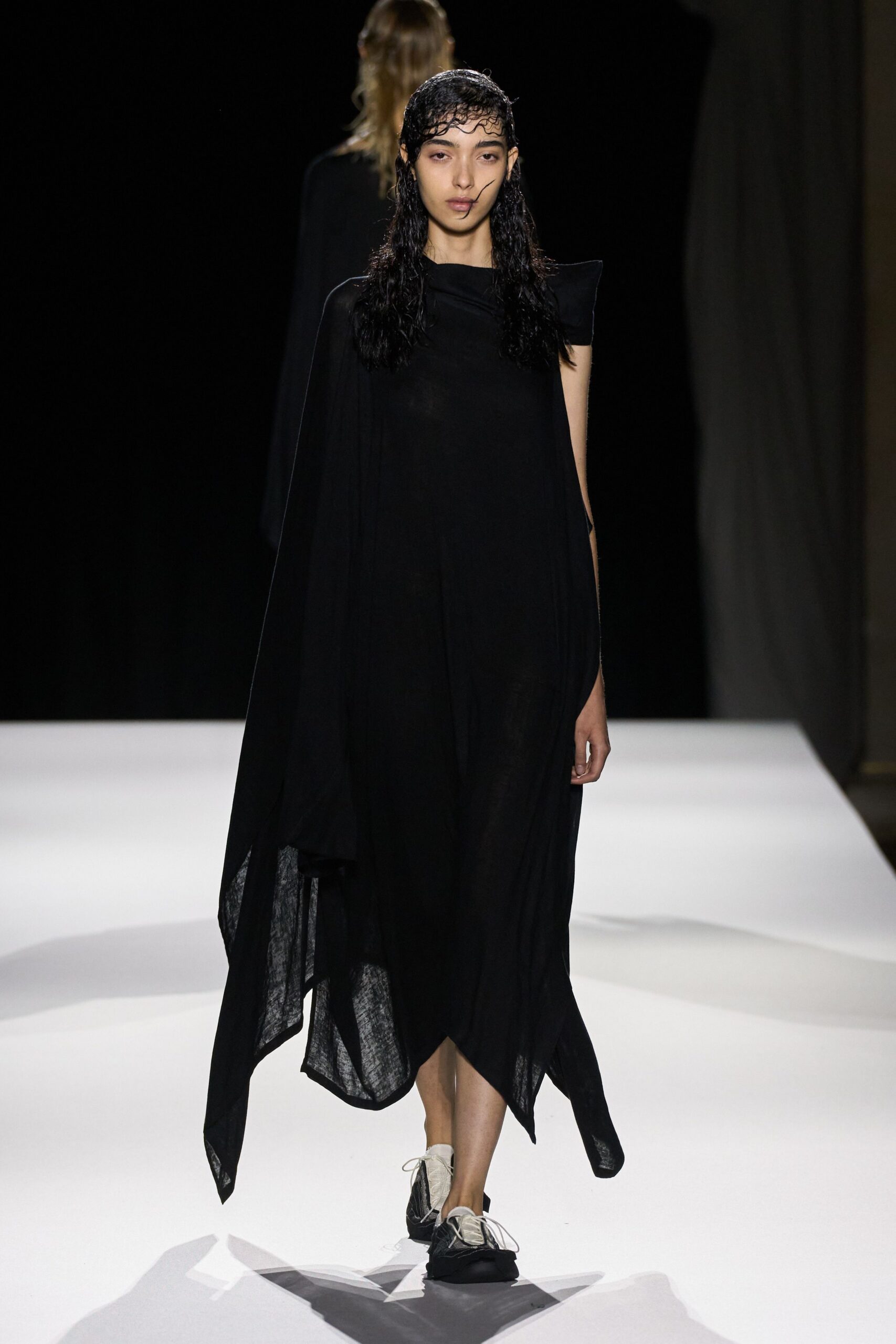 black cotton sleeveless asymmetric relaxed draped flowing dress