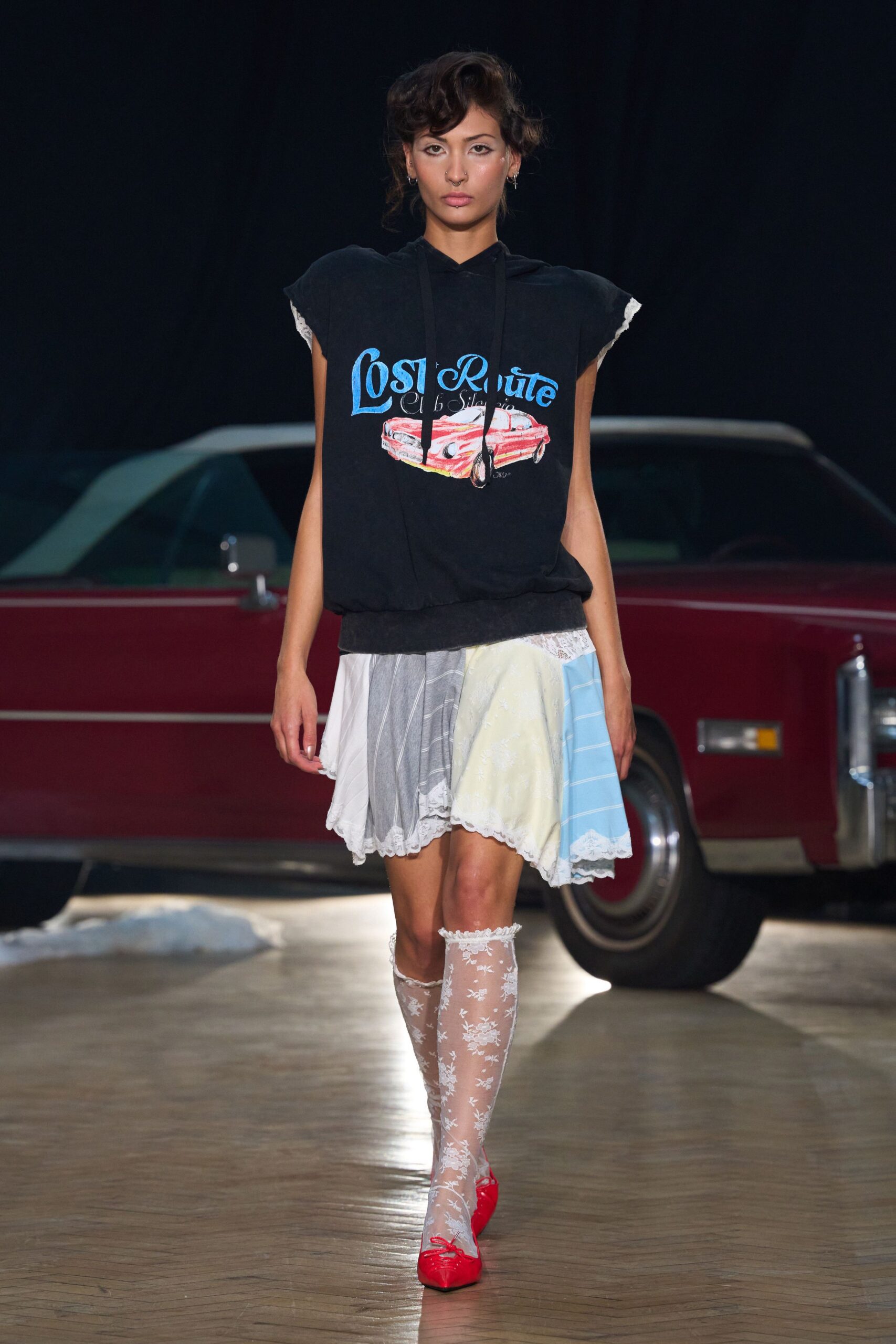 black hoodie with multi skirt