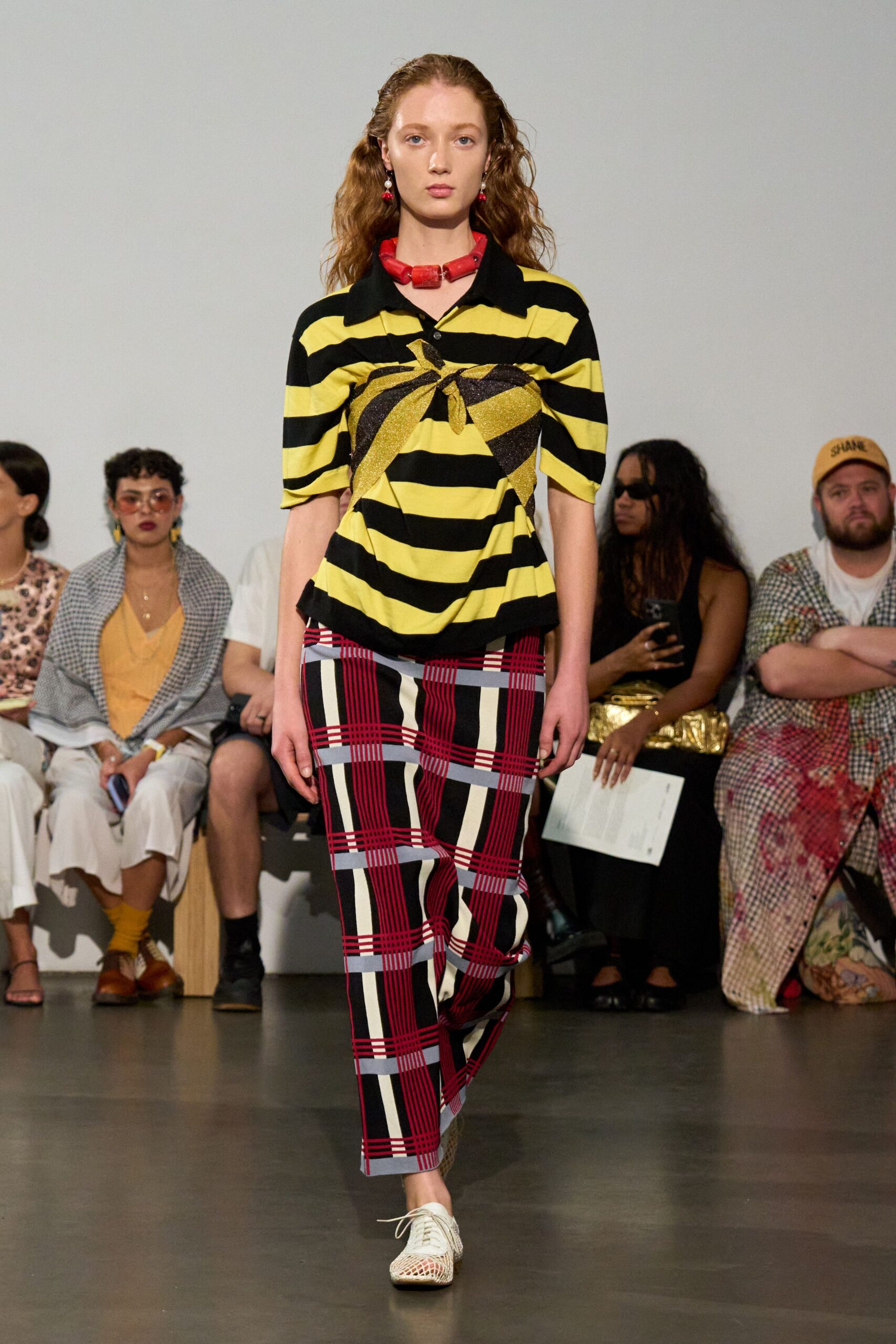 red fitted checked pants
