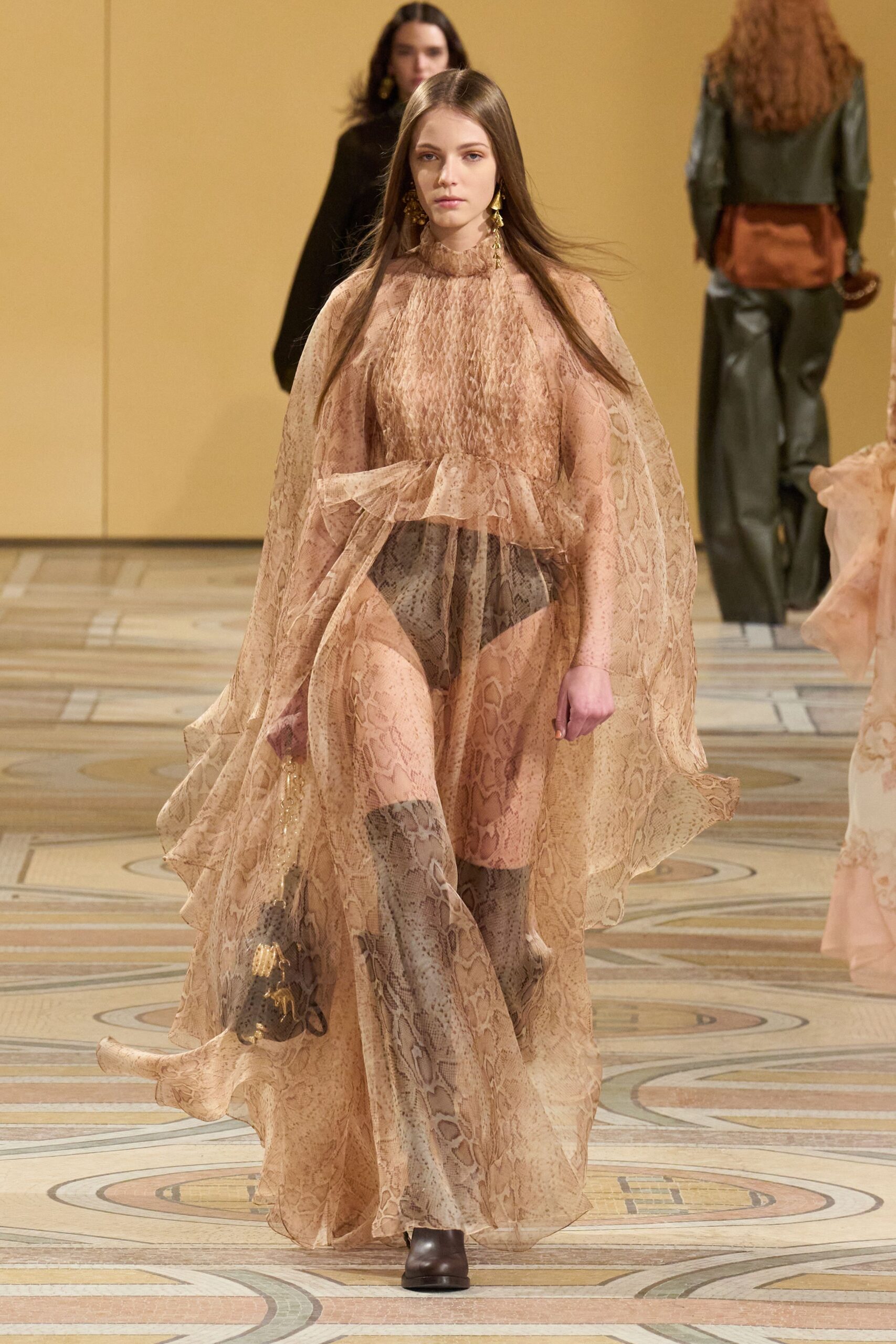 beige lace long-sleeve high-neck fitted layered dress