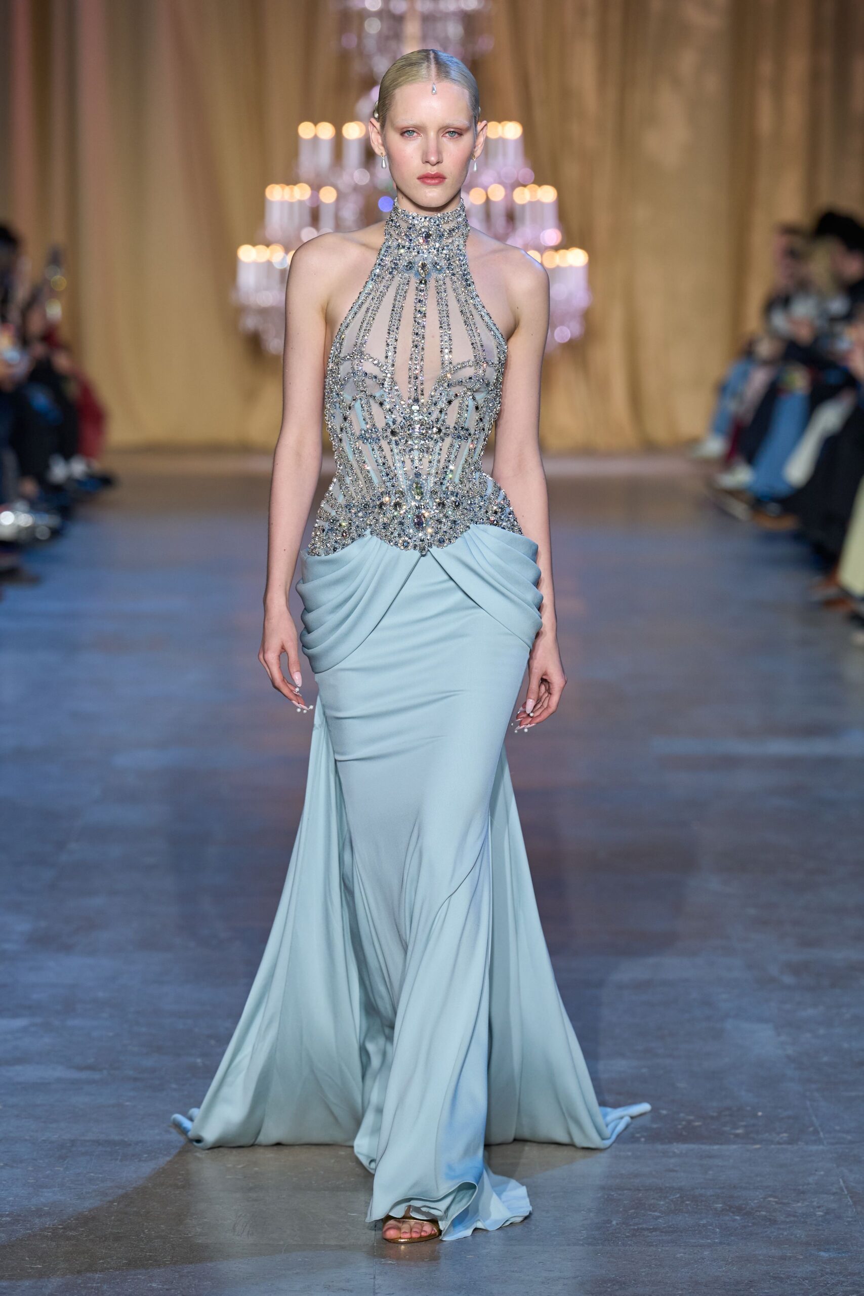 blue silk sleeveless high-neck fitted beaded draped gown