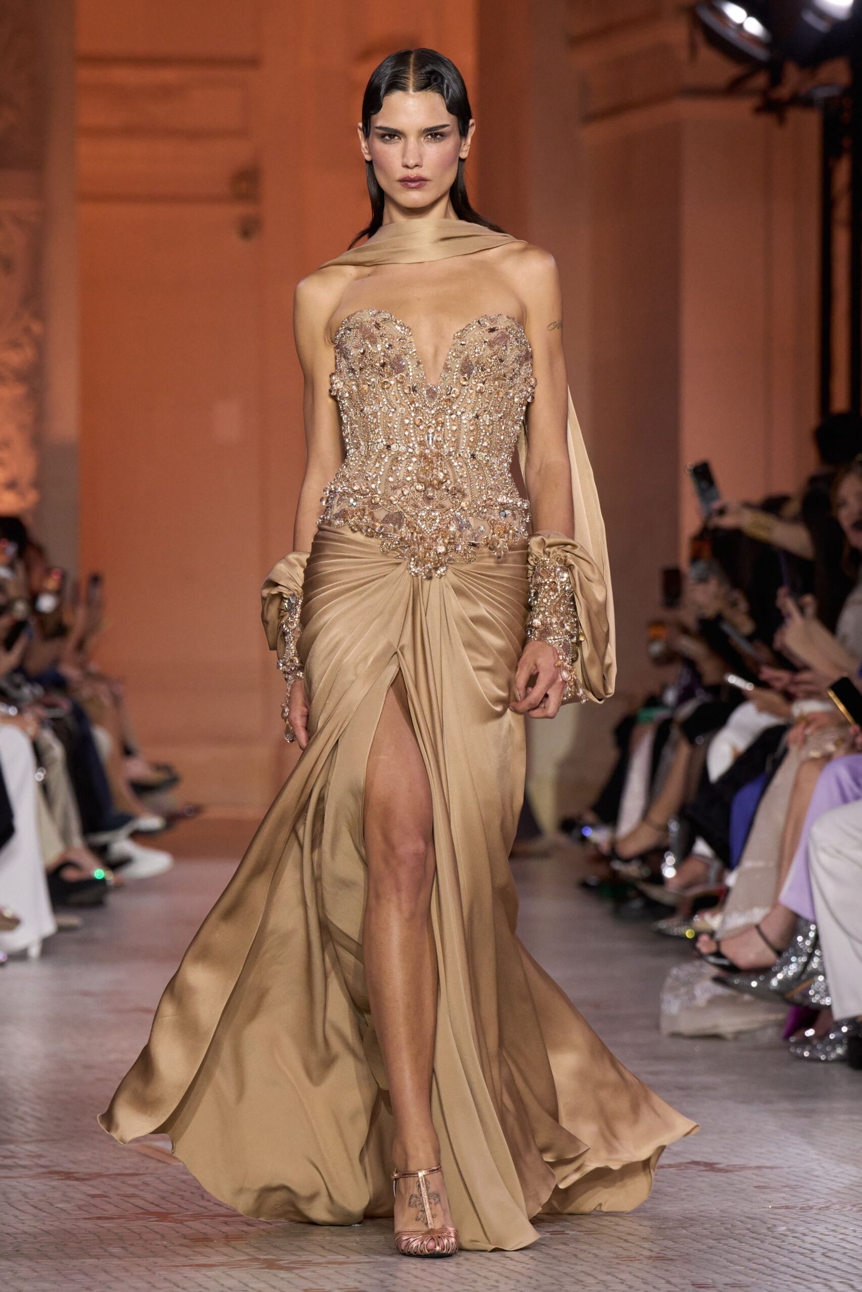 beige silk strapless v-neck fitted beaded draped gown