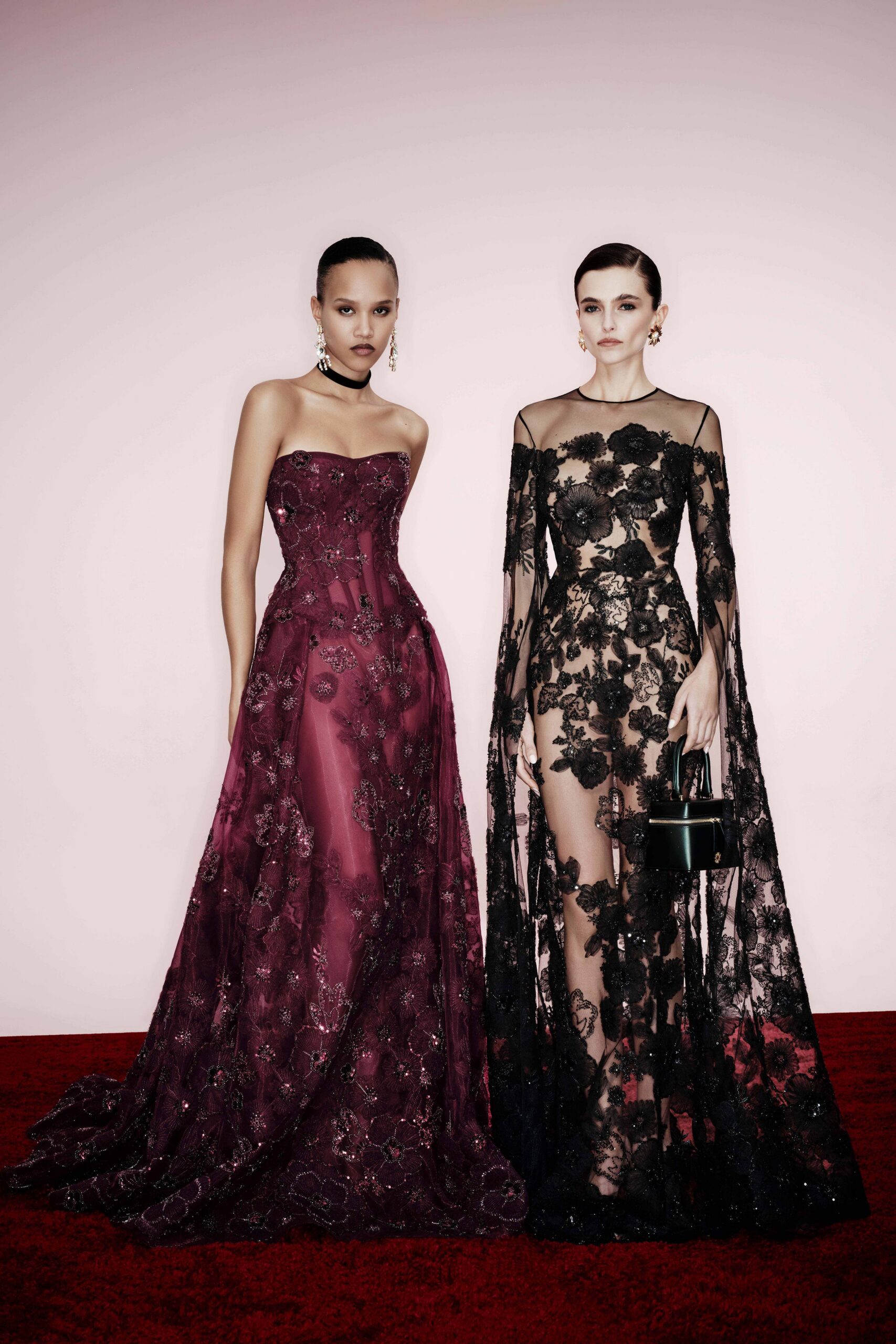 black lace long-sleeve off-shoulder fitted embellished sheer gown