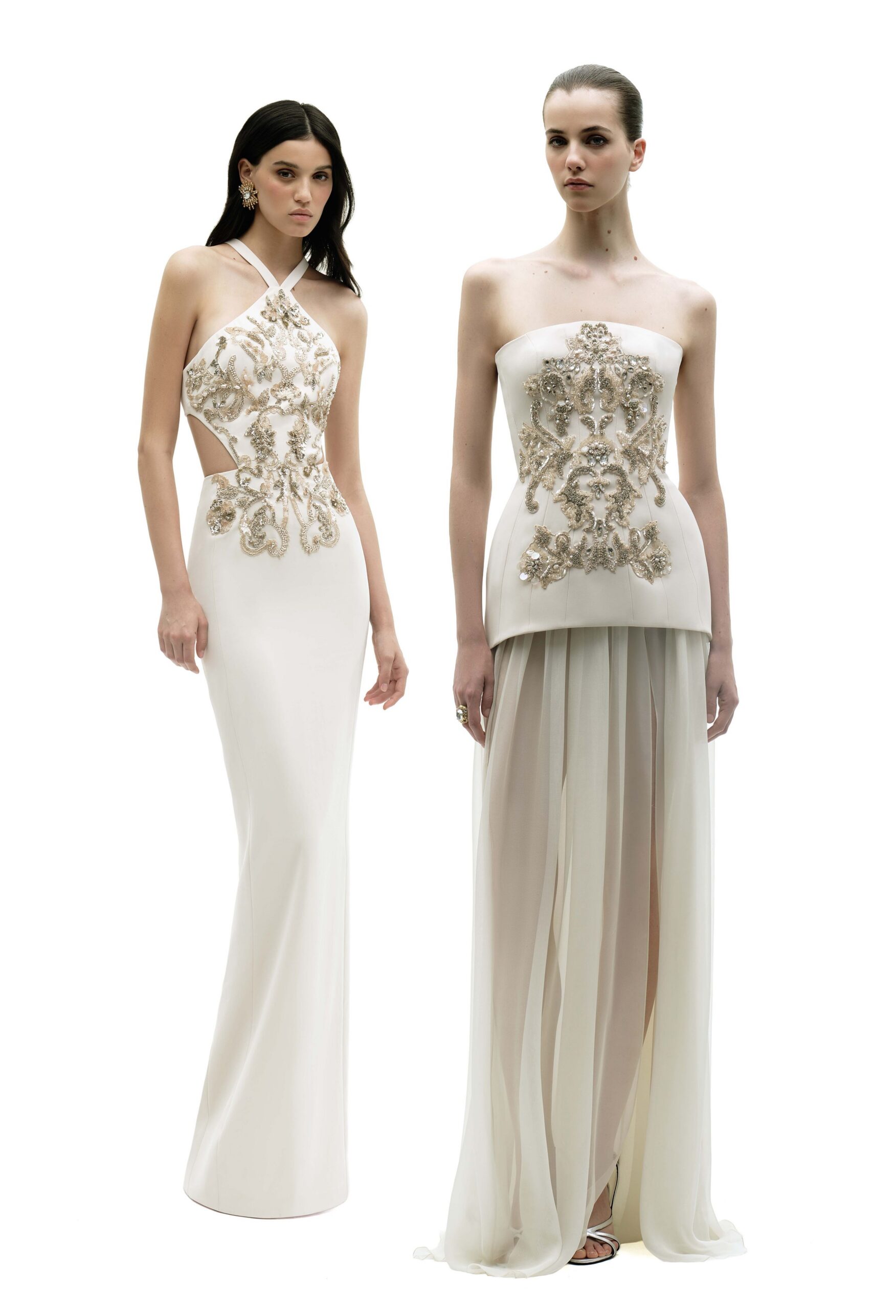 white silk sleeveless v-neck fitted embroidered maxi gown