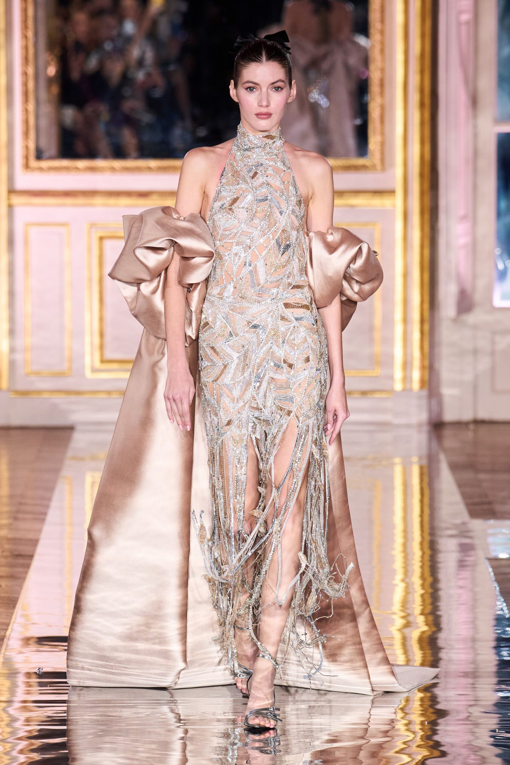 gold silk sleeveless high-neck fitted pleated embroidered gown