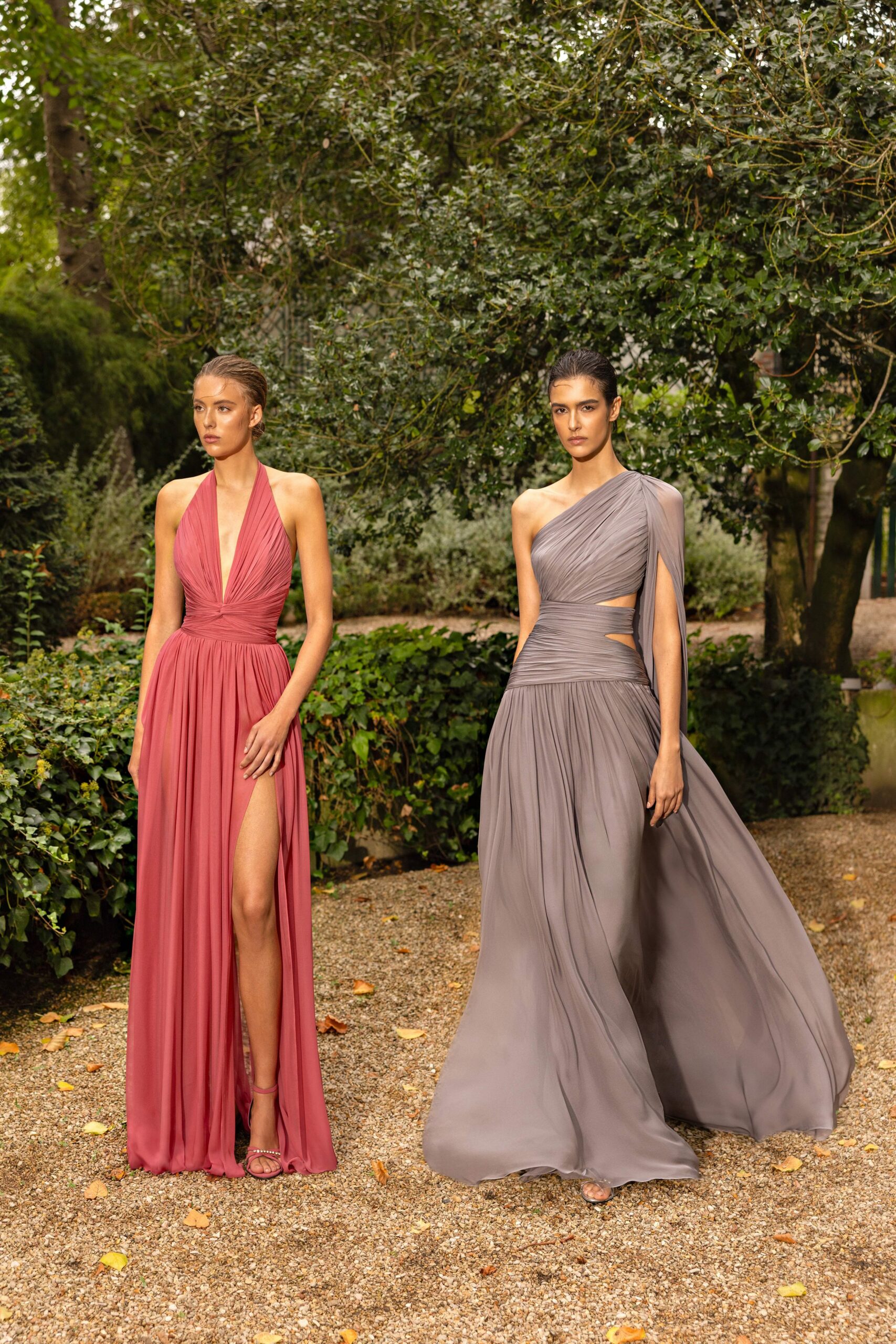 pink silk sleeveless v-neck fitted pleated maxi gown