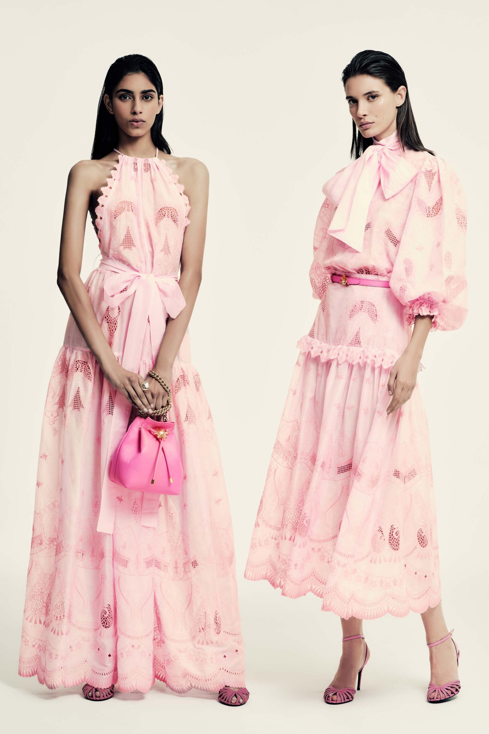 pink silk sleeveless halter fitted pleated embroidered gown