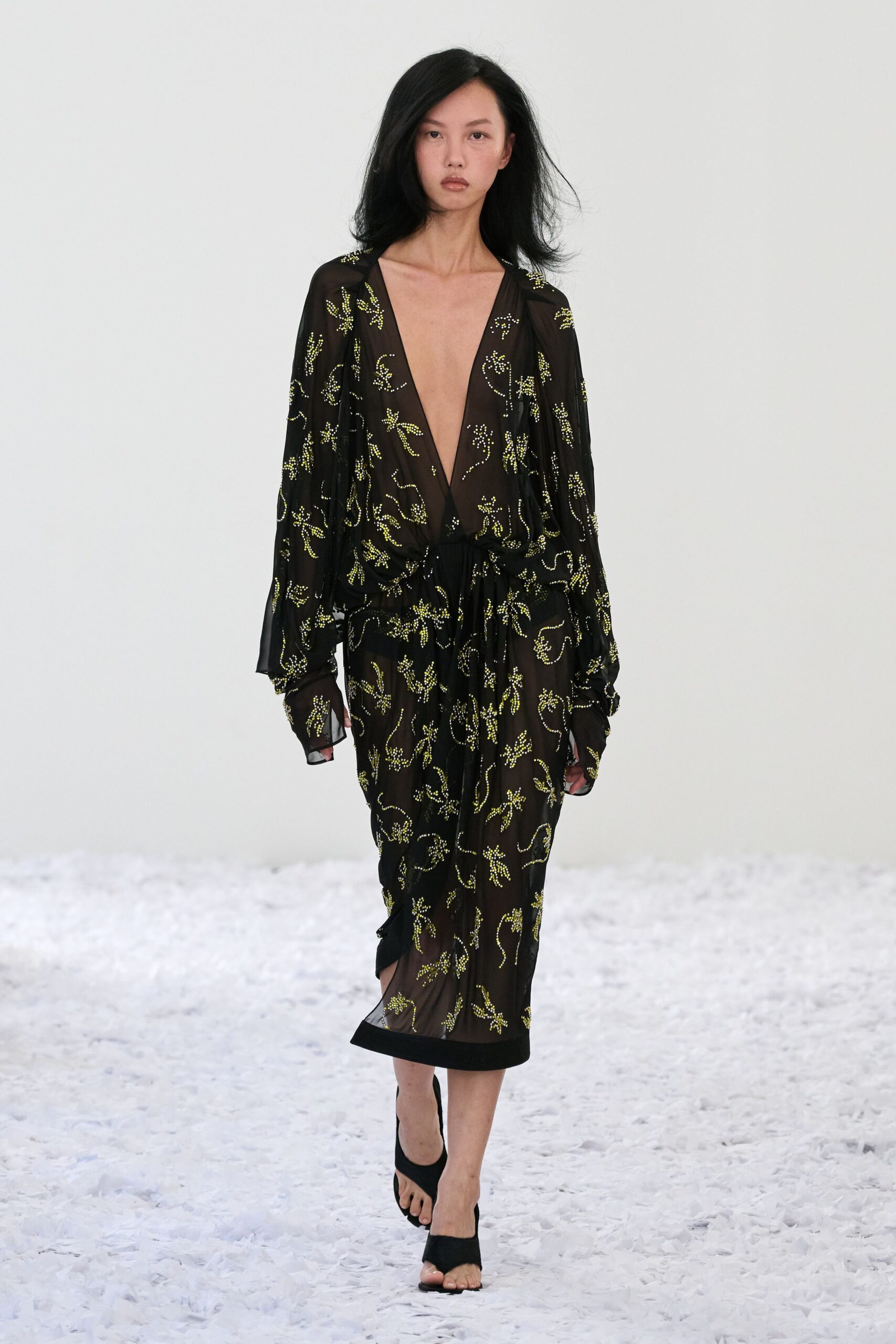 black silk long-sleeve v-neck relaxed floral belted dress