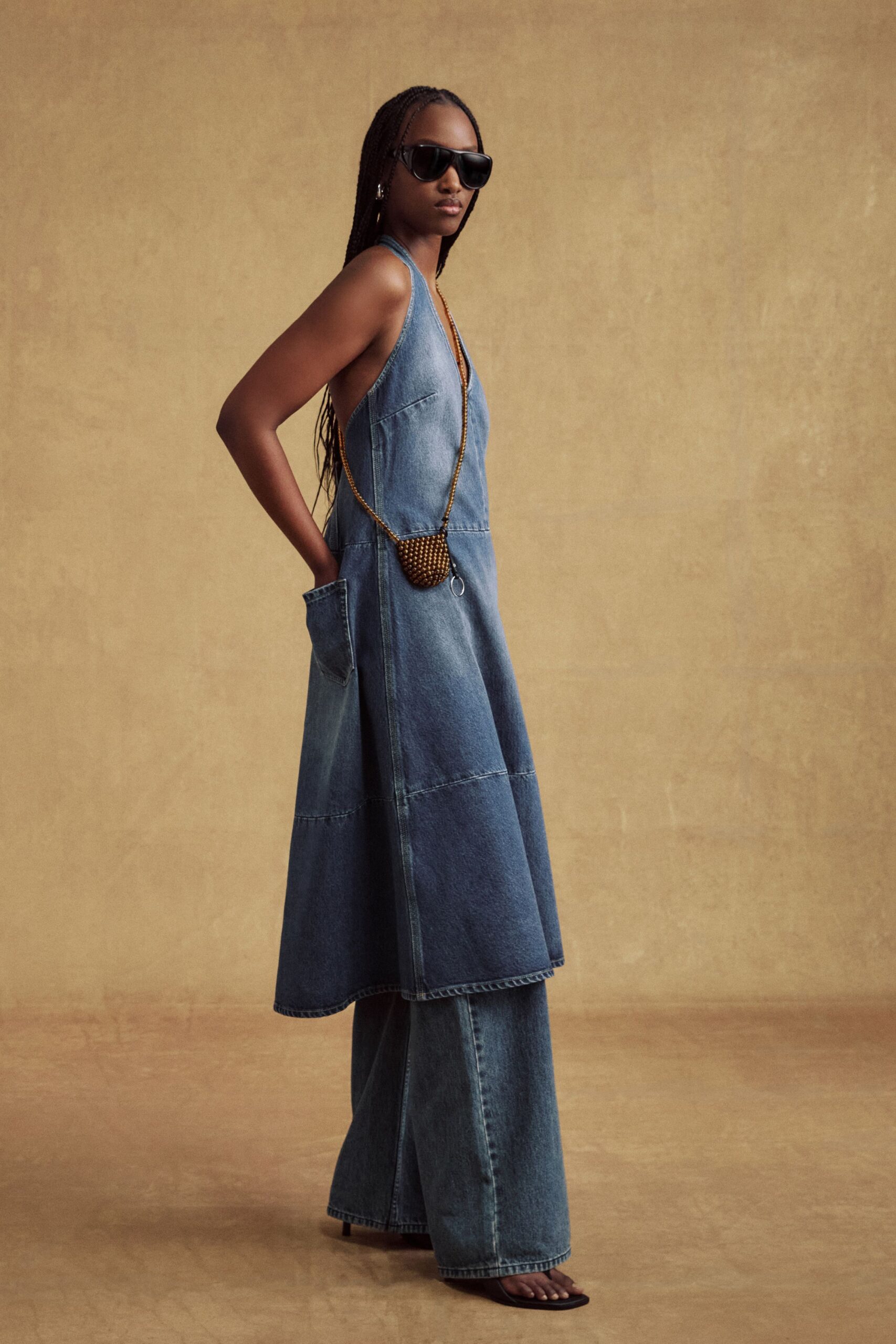 blue denim sleeveless v-neck relaxed layered pockets dress