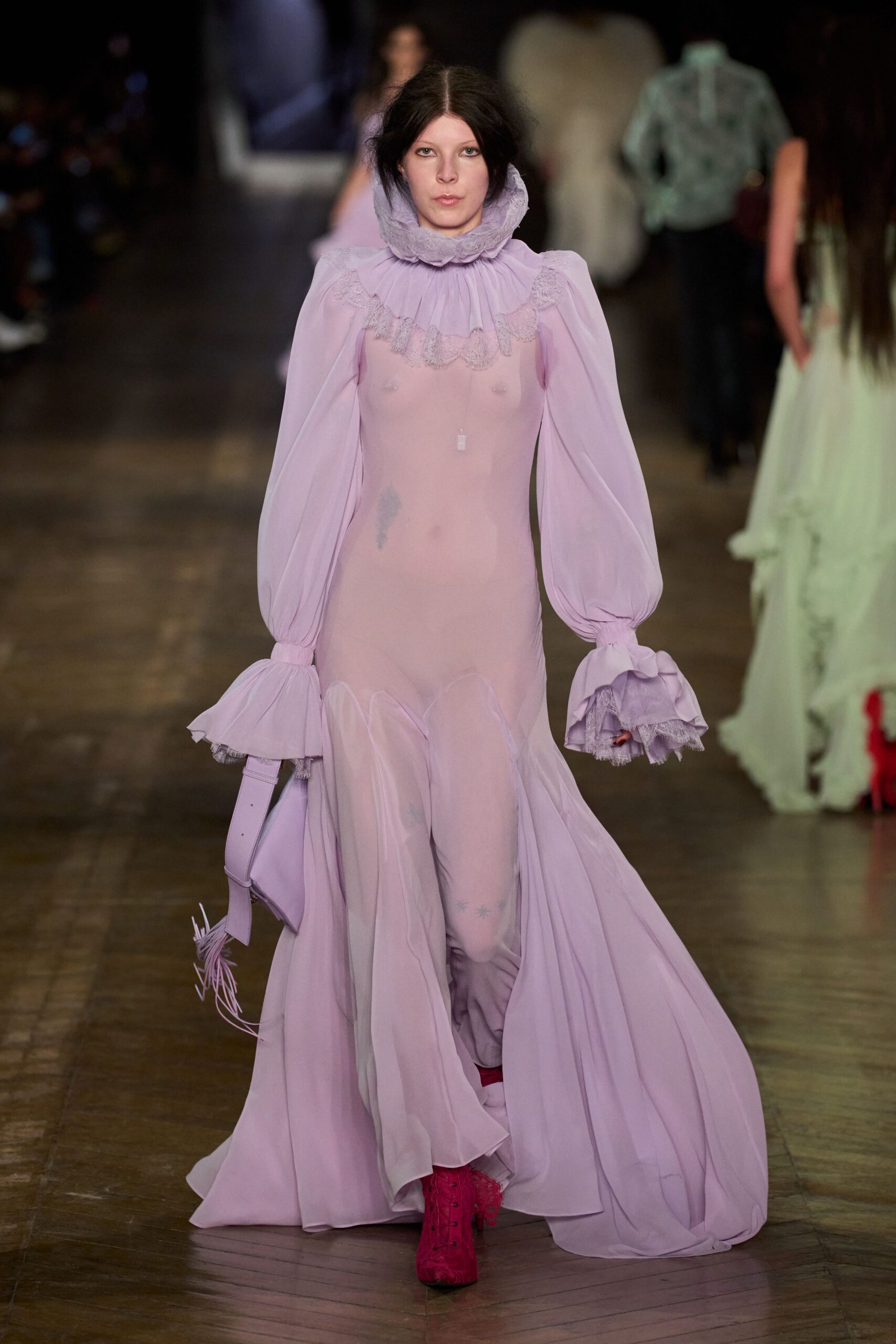 purple chiffon long-sleeve high-neck fitted ruffled layered gown