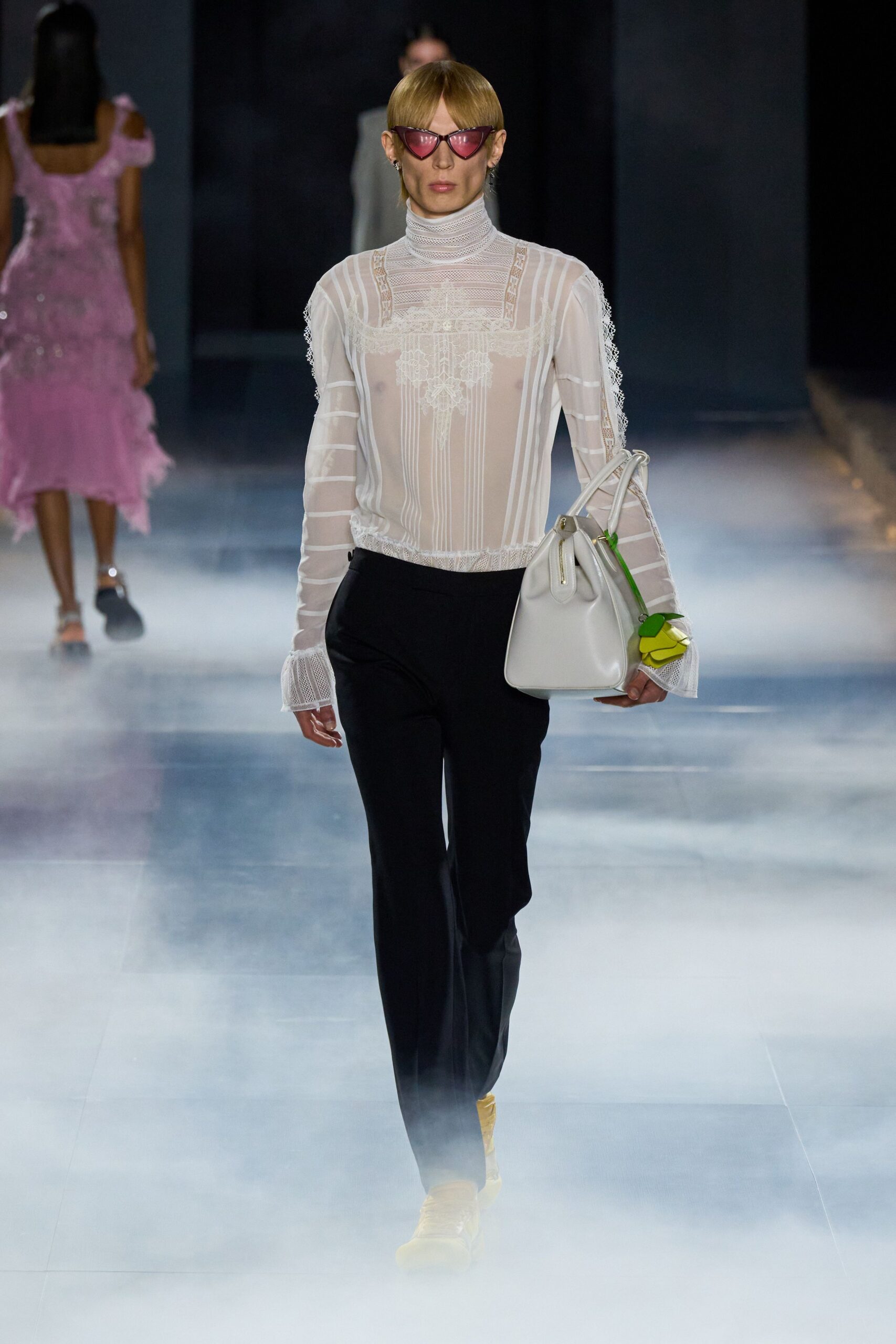 white silk long-sleeve high-neck fitted embroidered sheer blouse