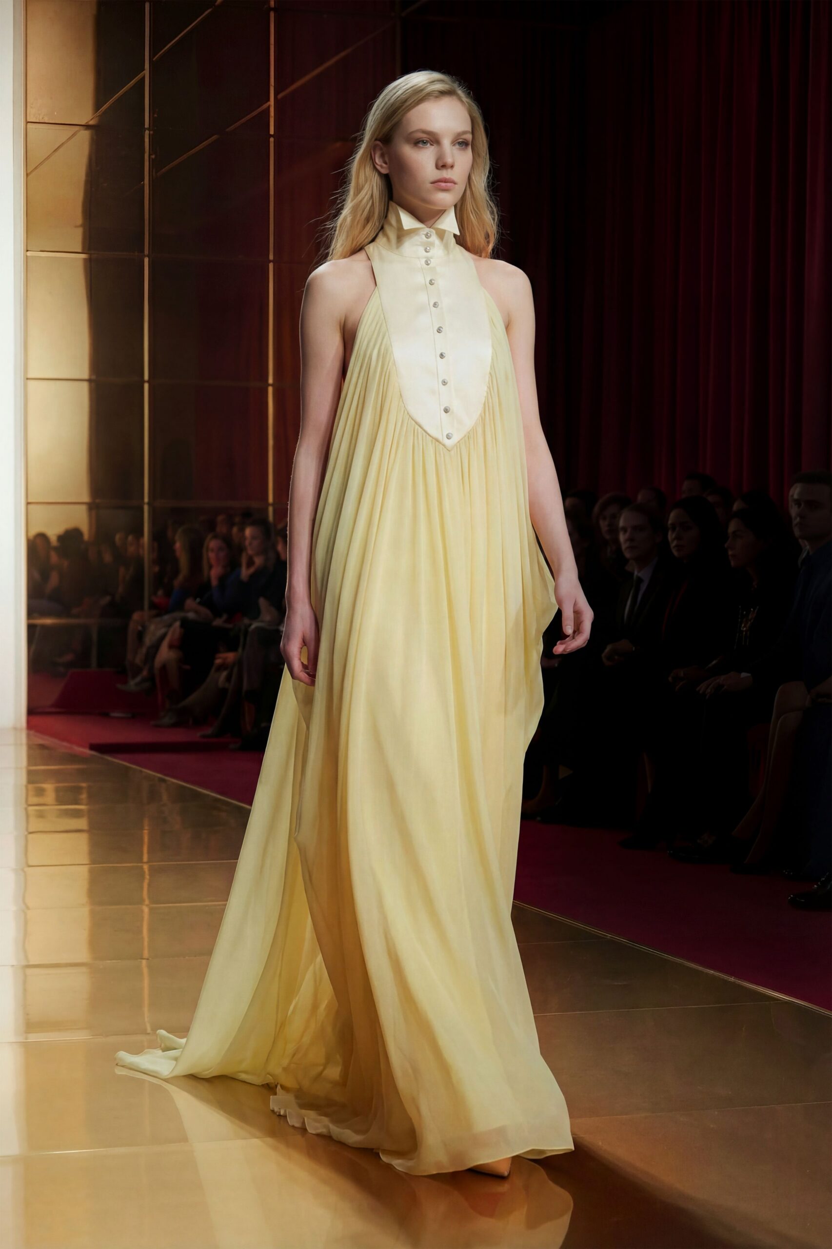 yellow silk sleeveless gown
